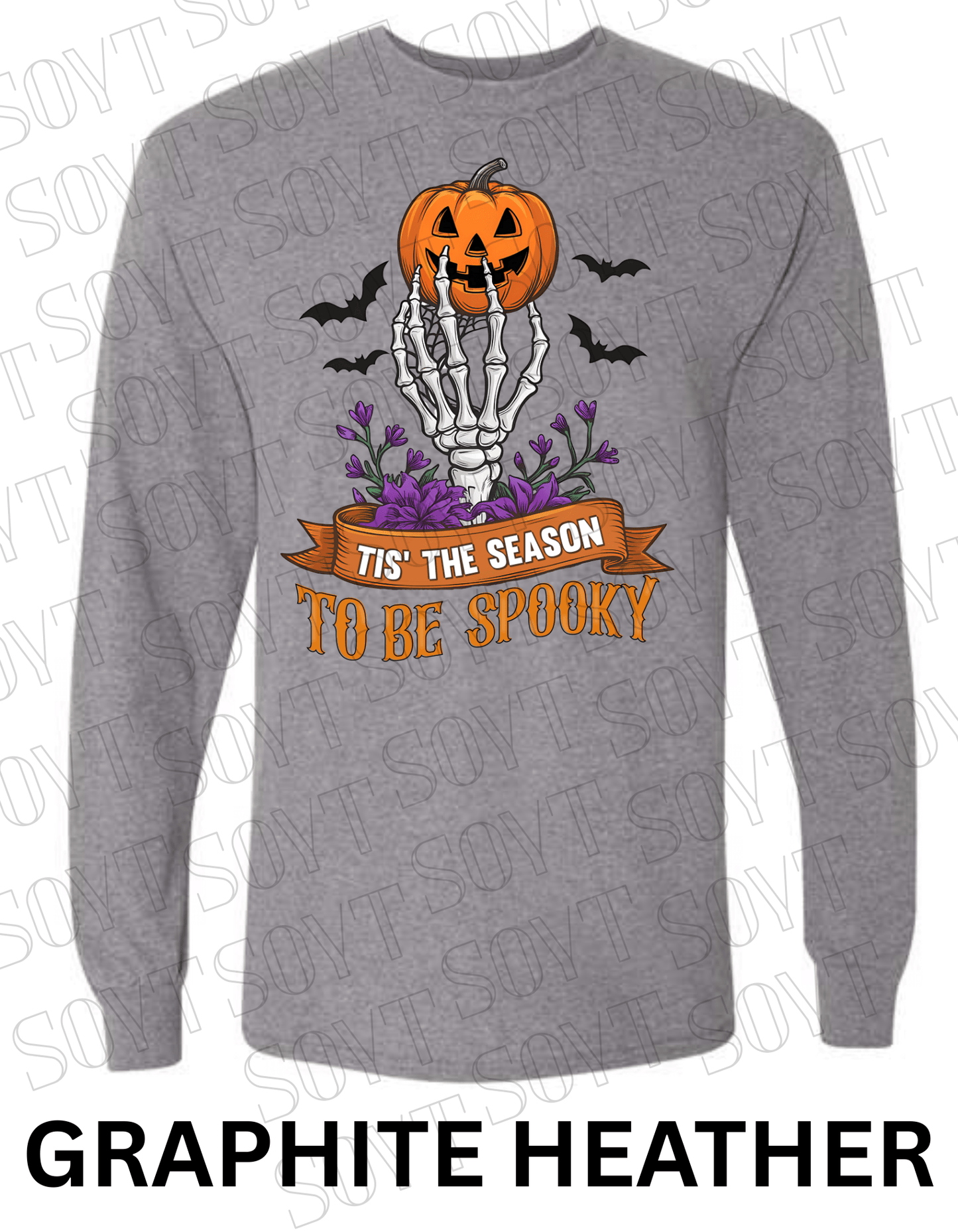 "Tis’ the Season to Be Spooky" Halloween T-Shirt – Skeleton Hand, Pumpkin & Floral Graphic Tee - Festive Apparel StoreGraphite Heather