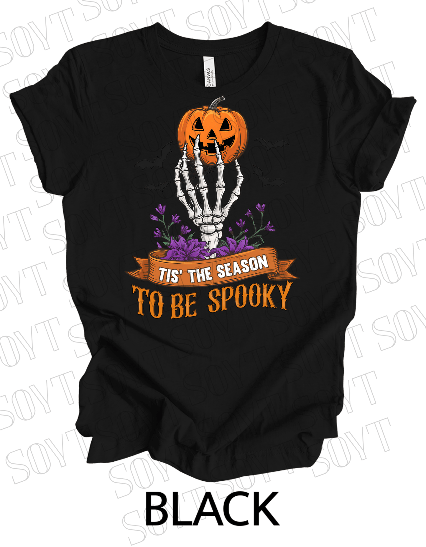 "Tis’ the Season to Be Spooky" Halloween T-Shirt – Skeleton Hand, Pumpkin & Floral Graphic Tee - Festive Apparel StoreBlack