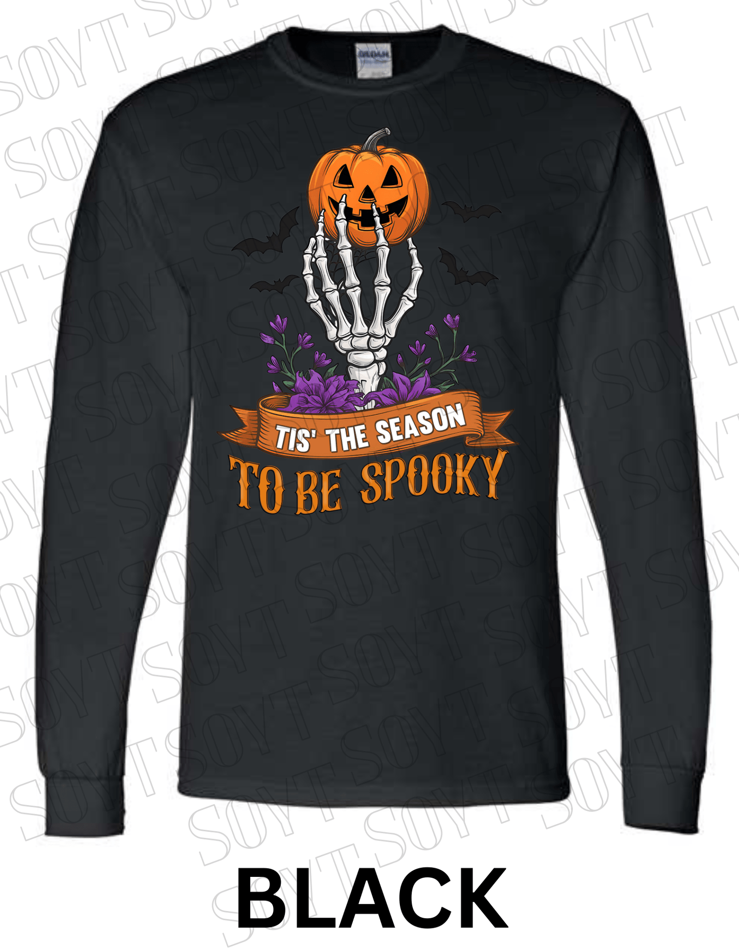 "Tis’ the Season to Be Spooky" Halloween T-Shirt – Skeleton Hand, Pumpkin & Floral Graphic Tee - Festive Apparel StoreBlack
