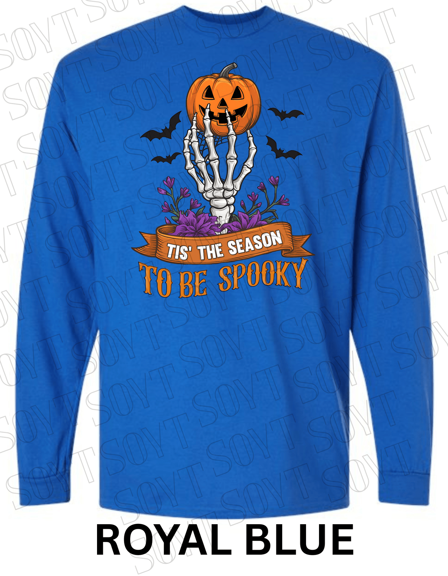 "Tis’ the Season to Be Spooky" Halloween T-Shirt – Skeleton Hand, Pumpkin & Floral Graphic Tee - Festive Apparel StoreRoyal Blue