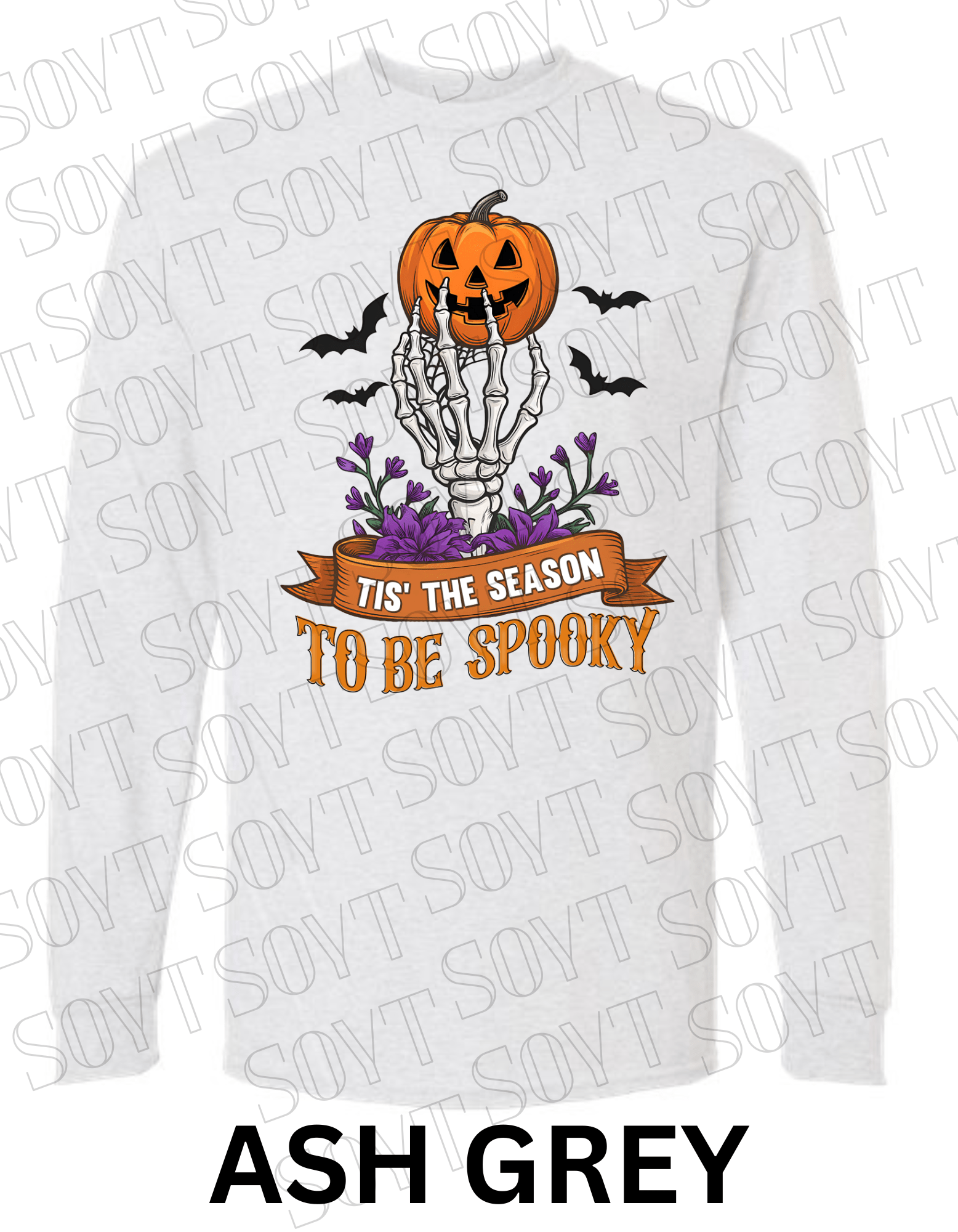 "Tis’ the Season to Be Spooky" Halloween T-Shirt – Skeleton Hand, Pumpkin & Floral Graphic Tee - Festive Apparel StoreAsh Gray