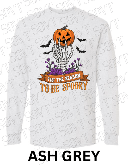 "Tis’ the Season to Be Spooky" Halloween T-Shirt – Skeleton Hand, Pumpkin & Floral Graphic Tee - Festive Apparel StoreAsh Gray