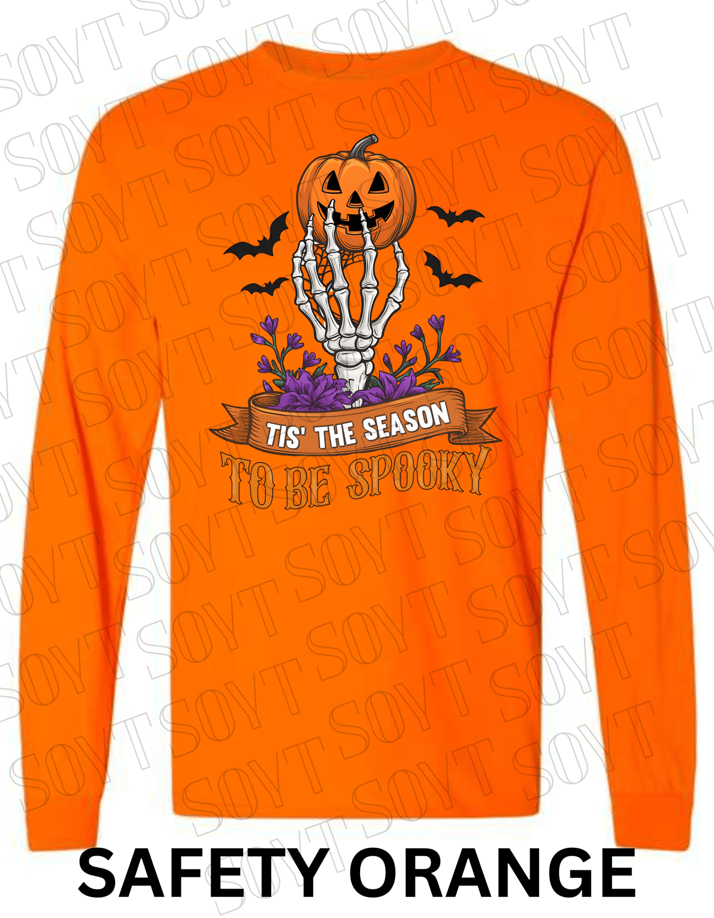 "Tis’ the Season to Be Spooky" Halloween T-Shirt – Skeleton Hand, Pumpkin & Floral Graphic Tee - Festive Apparel StoreSafety Orange