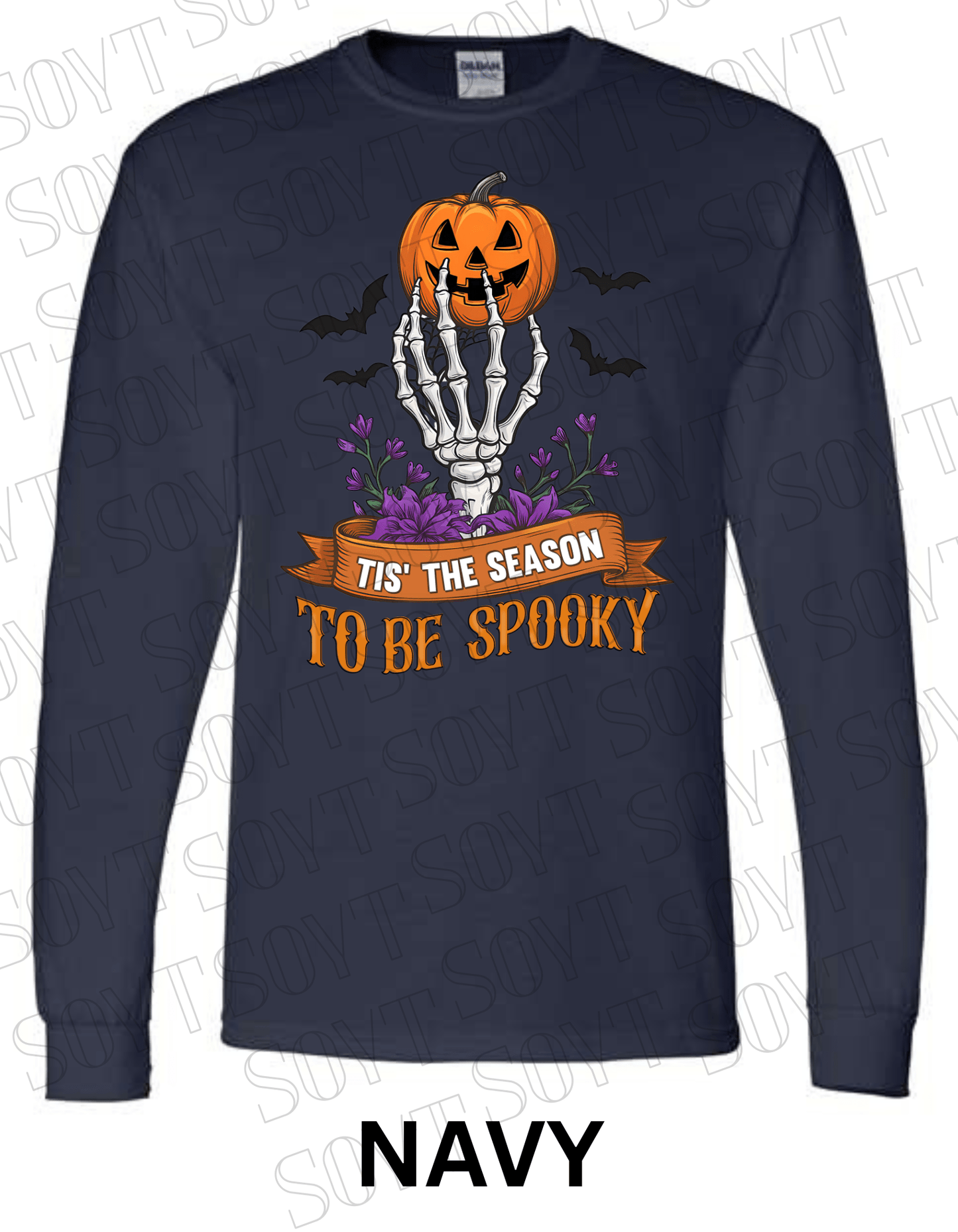 "Tis’ the Season to Be Spooky" Halloween T-Shirt – Skeleton Hand, Pumpkin & Floral Graphic Tee - Festive Apparel StoreNavy Blue