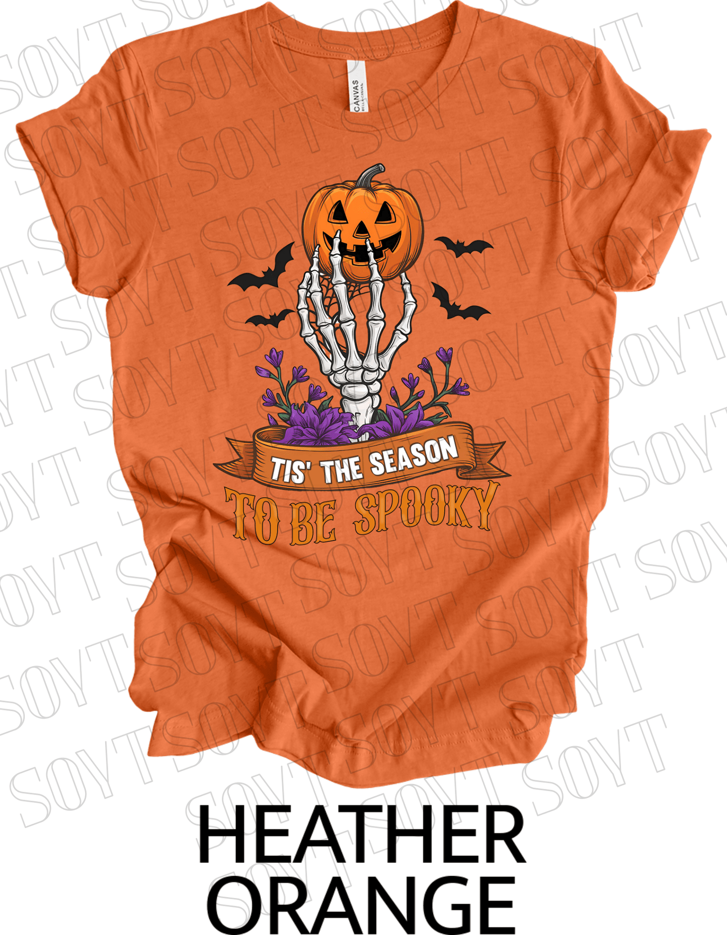 "Tis’ the Season to Be Spooky" Halloween T-Shirt – Skeleton Hand, Pumpkin & Floral Graphic Tee - Festive Apparel StoreHeather Orange