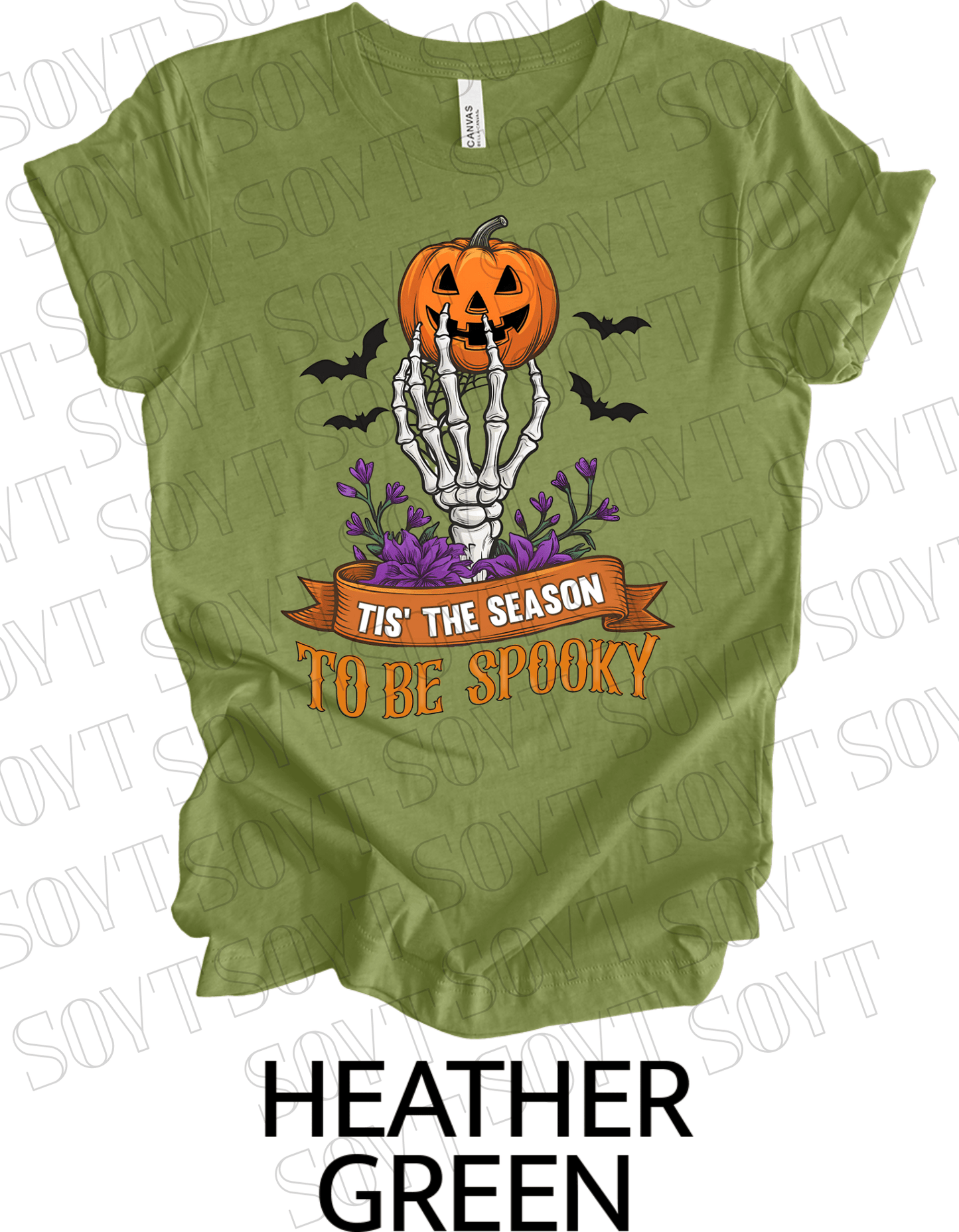 "Tis’ the Season to Be Spooky" Halloween T-Shirt – Skeleton Hand, Pumpkin & Floral Graphic Tee - Festive Apparel StoreHeather Green