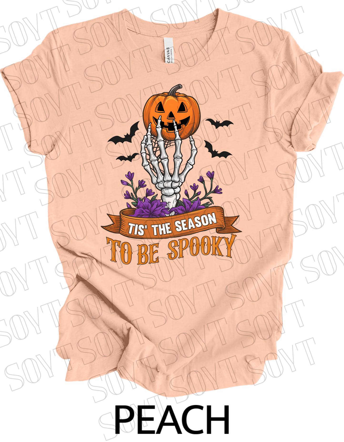 "Tis’ the Season to Be Spooky" Halloween T-Shirt – Skeleton Hand, Pumpkin & Floral Graphic Tee - Festive Apparel StorePeach