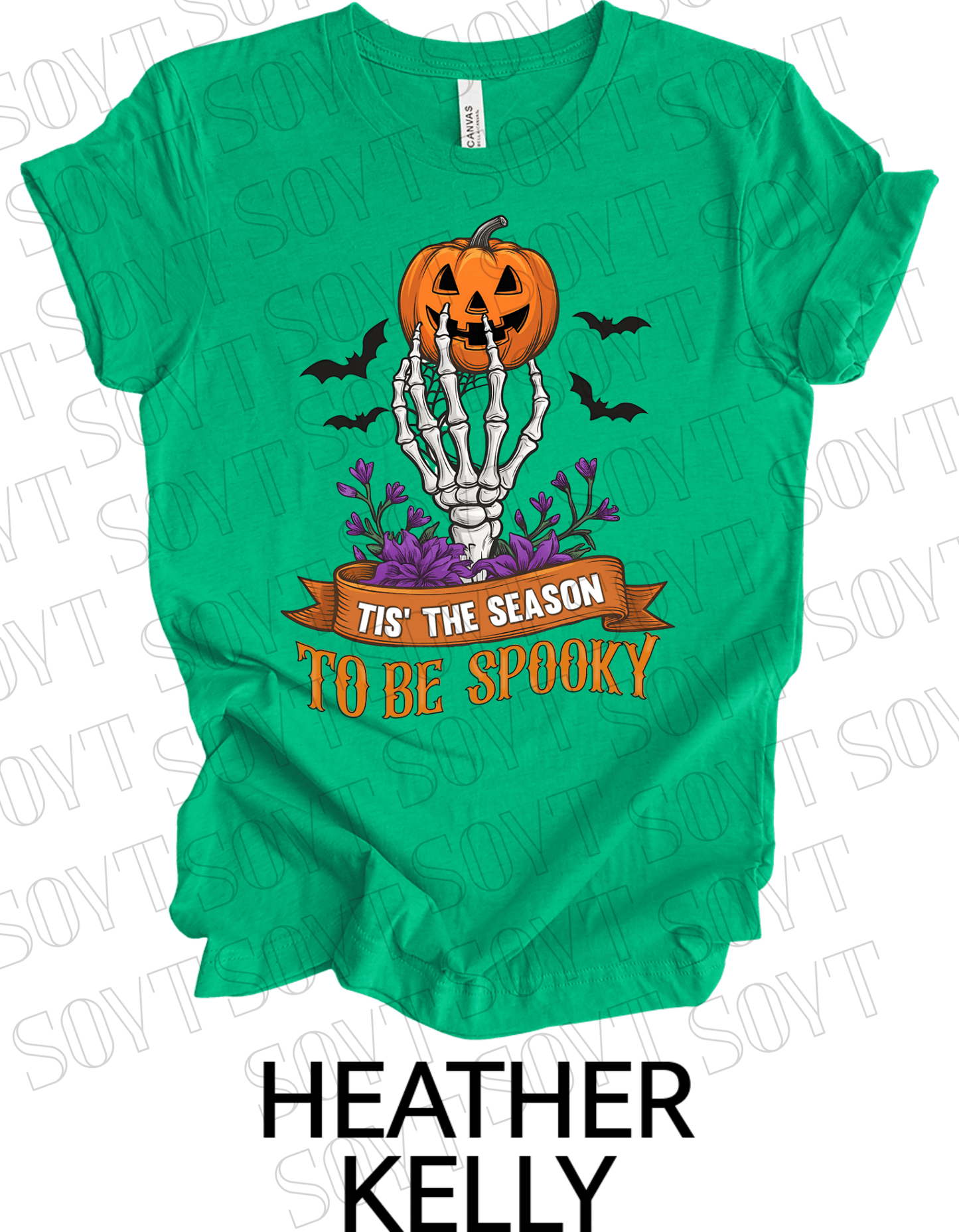 "Tis’ the Season to Be Spooky" Halloween T-Shirt – Skeleton Hand, Pumpkin & Floral Graphic Tee - Festive Apparel StoreHeather Kelly Green