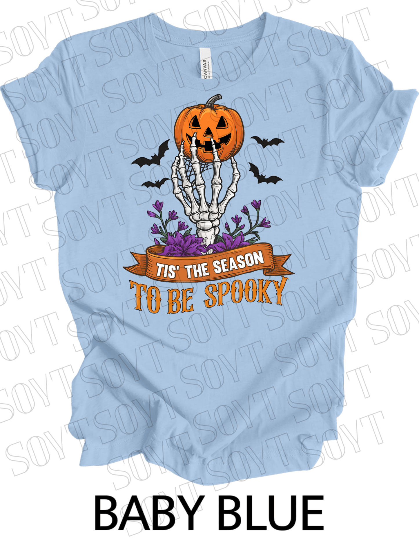 "Tis’ the Season to Be Spooky" Halloween T-Shirt – Skeleton Hand, Pumpkin & Floral Graphic Tee - Festive Apparel StoreBaby Blue