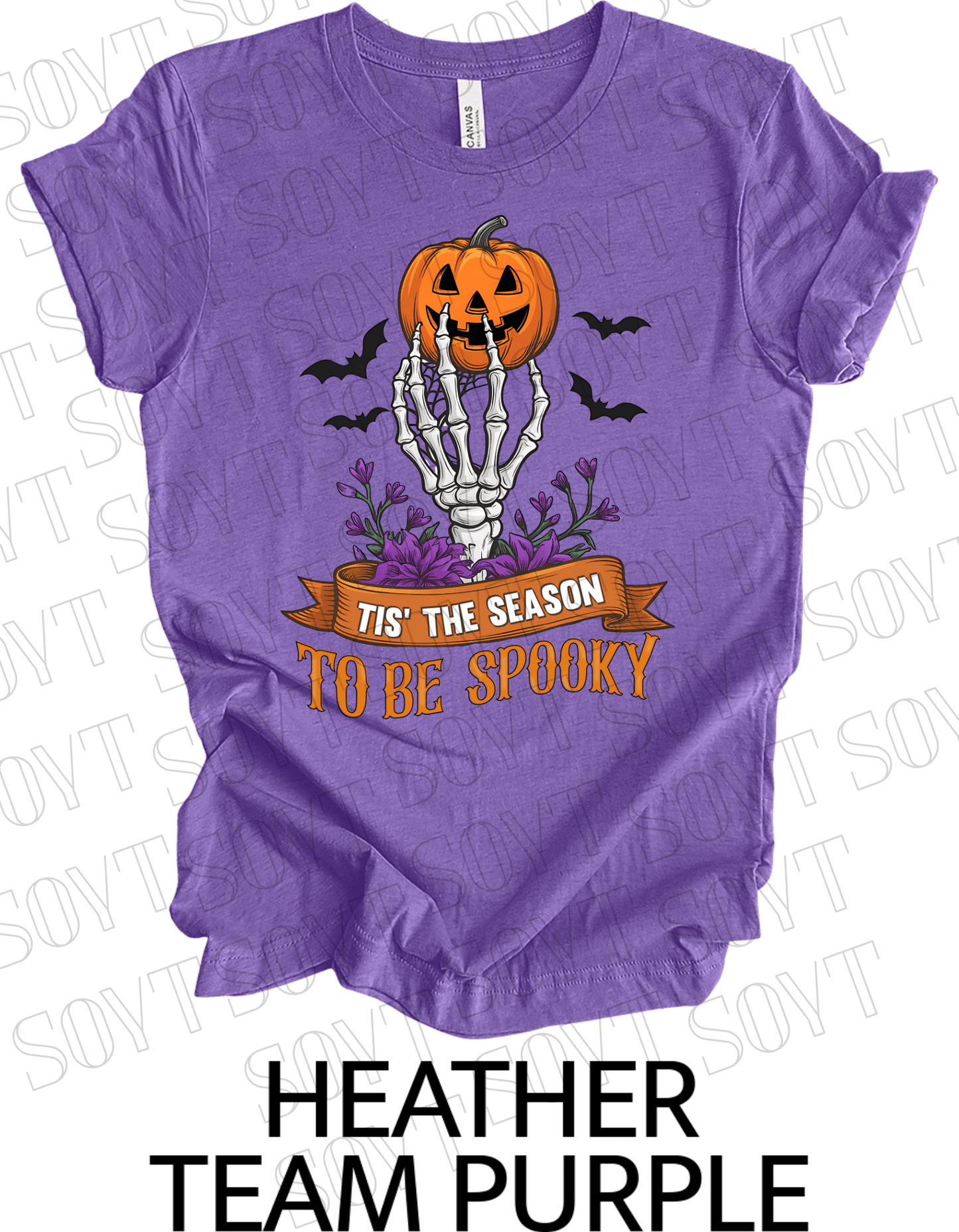"Tis’ the Season to Be Spooky" Halloween T-Shirt – Skeleton Hand, Pumpkin & Floral Graphic Tee - Festive Apparel StoreHeather Purple