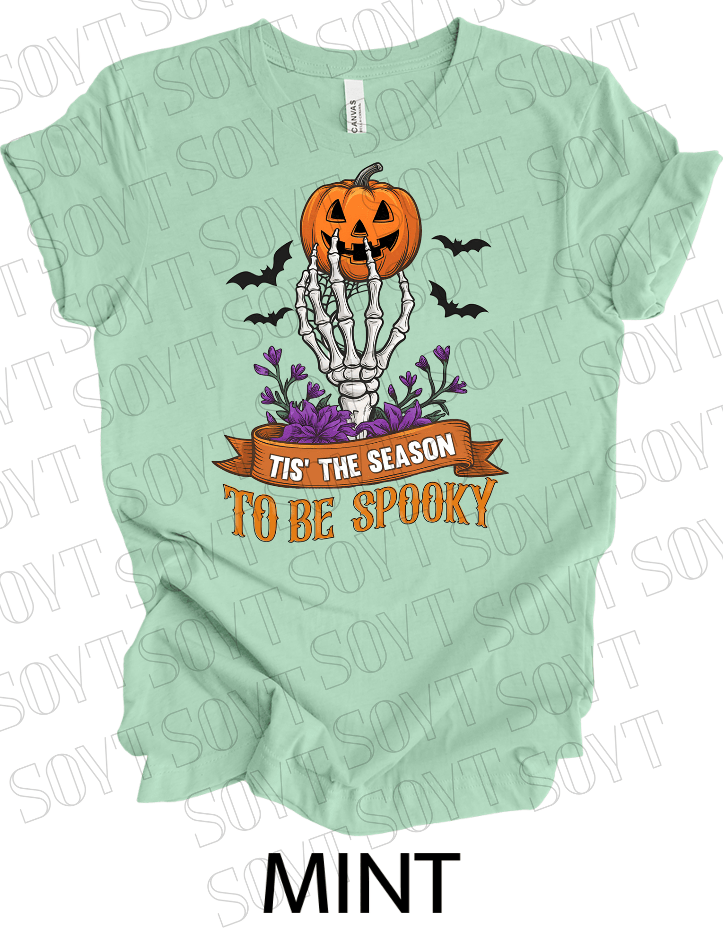 "Tis’ the Season to Be Spooky" Halloween T-Shirt – Skeleton Hand, Pumpkin & Floral Graphic Tee - Festive Apparel StoreMint