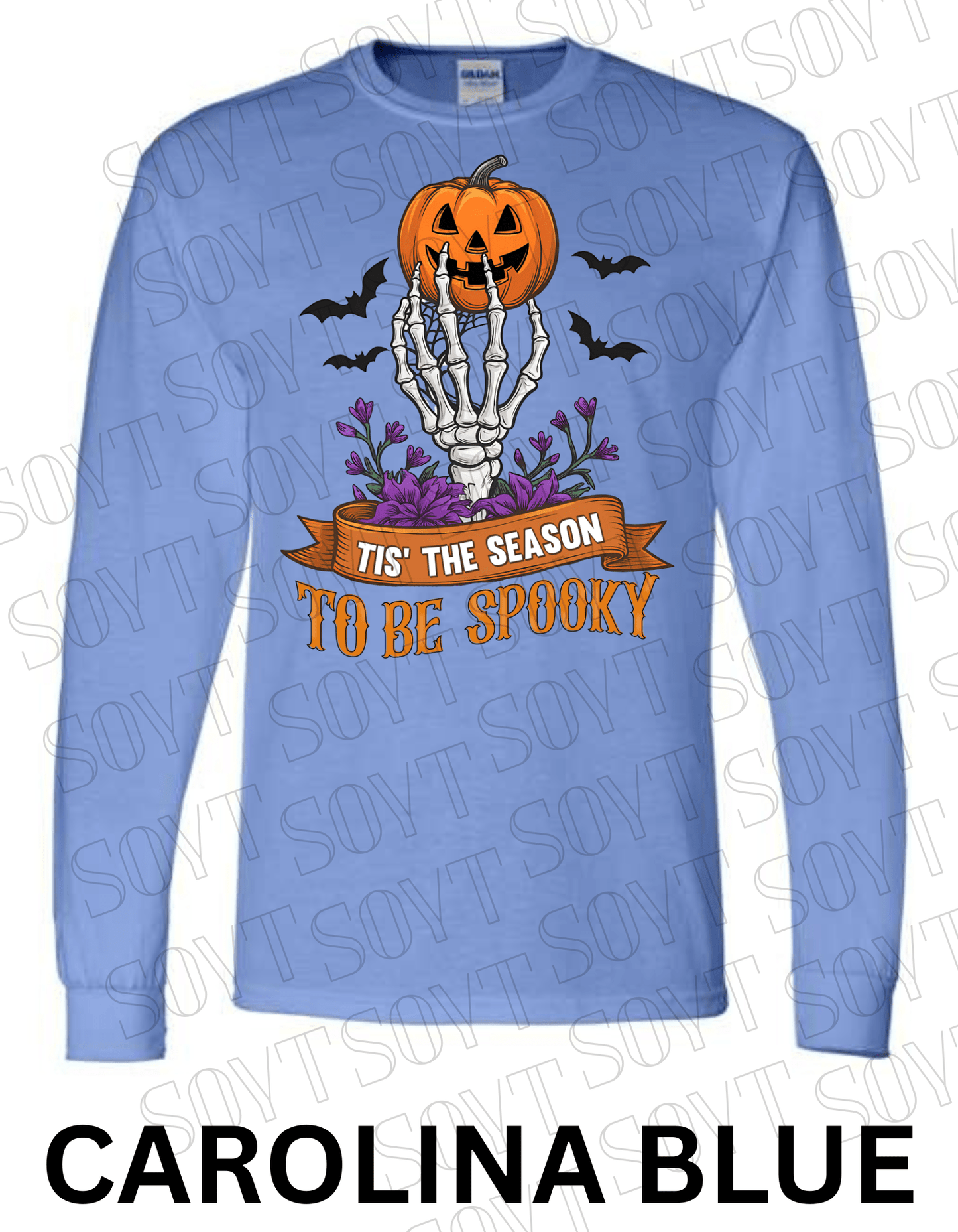 "Tis’ the Season to Be Spooky" Halloween T-Shirt – Skeleton Hand, Pumpkin & Floral Graphic Tee - Festive Apparel StoreCarolina Blue