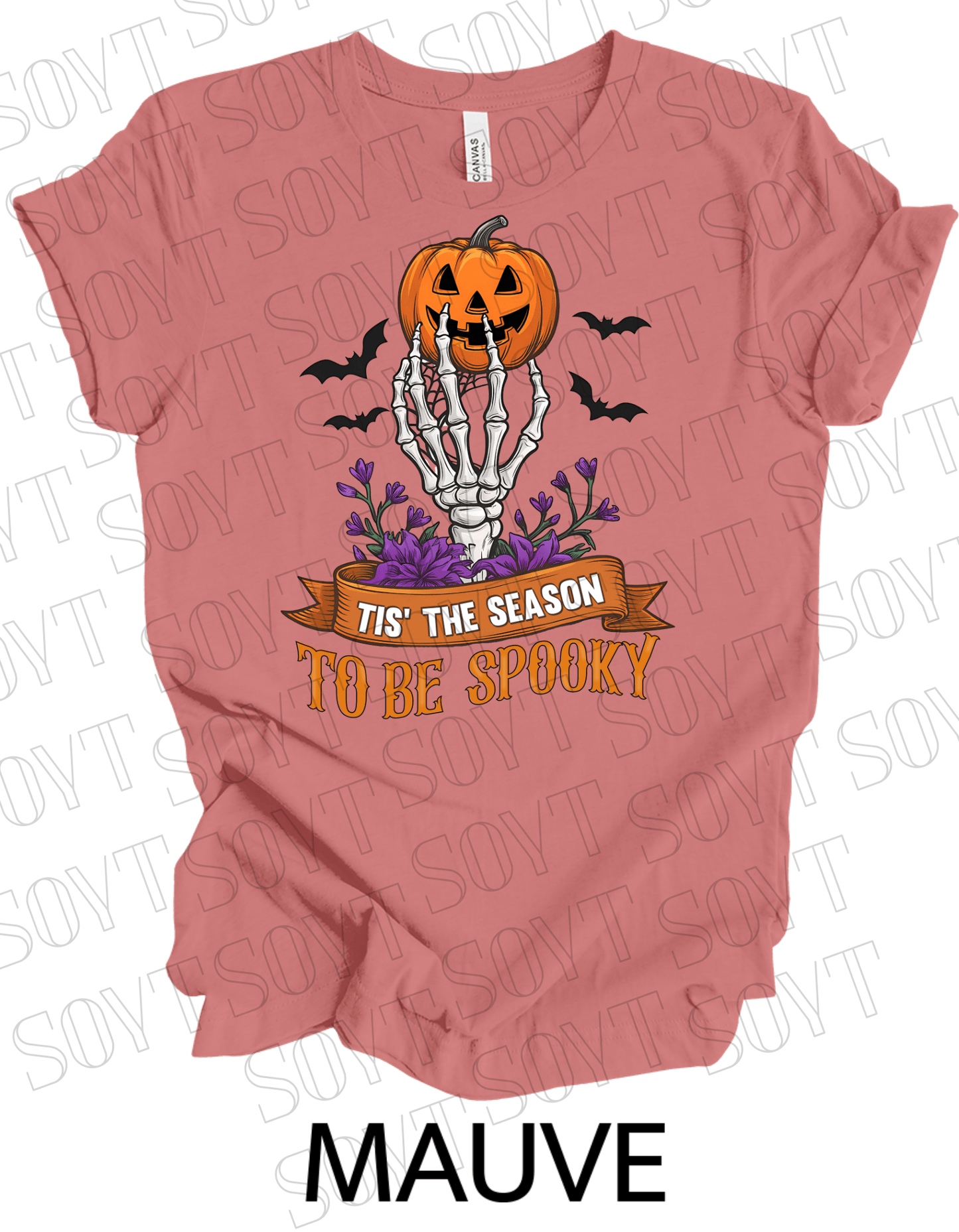 "Tis’ the Season to Be Spooky" Halloween T-Shirt – Skeleton Hand, Pumpkin & Floral Graphic Tee - Festive Apparel StoreMauve
