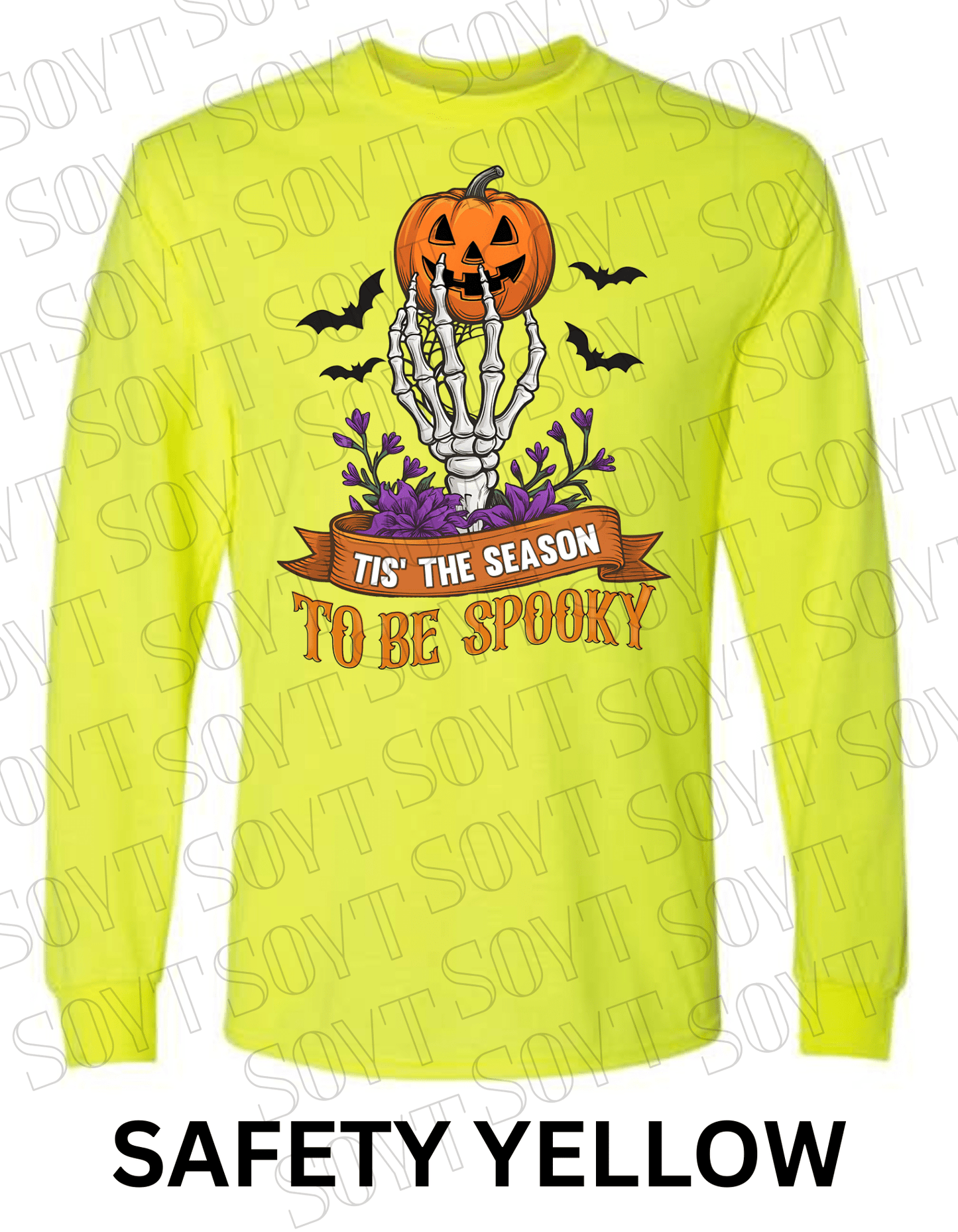 "Tis’ the Season to Be Spooky" Halloween T-Shirt – Skeleton Hand, Pumpkin & Floral Graphic Tee - Festive Apparel StoreSafety Yellow