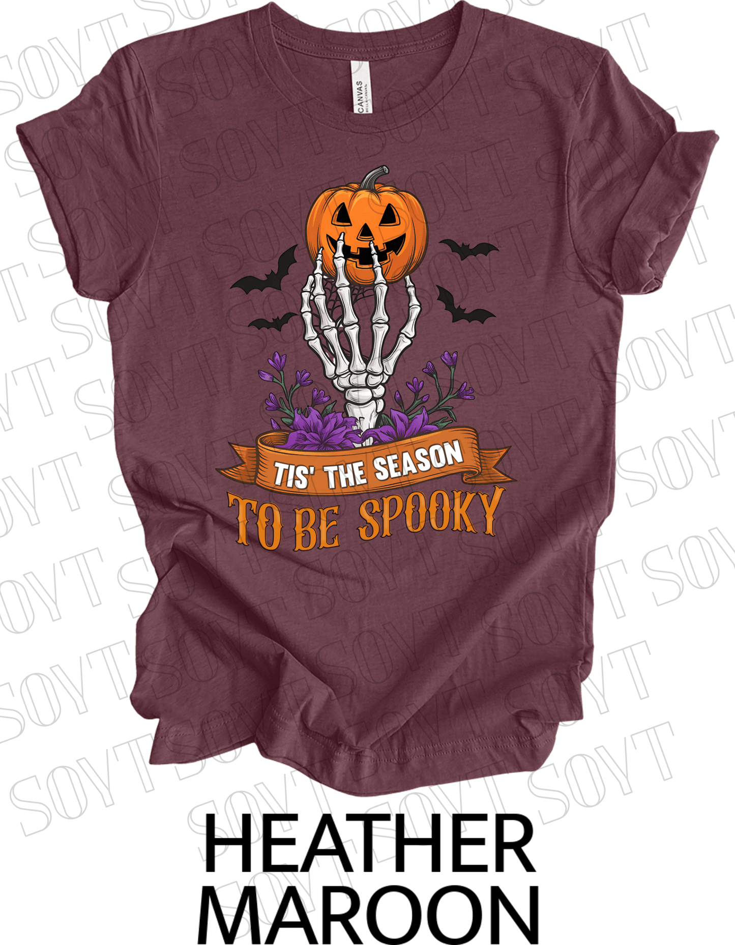 "Tis’ the Season to Be Spooky" Halloween T-Shirt – Skeleton Hand, Pumpkin & Floral Graphic Tee - Festive Apparel StoreHeather Maroon