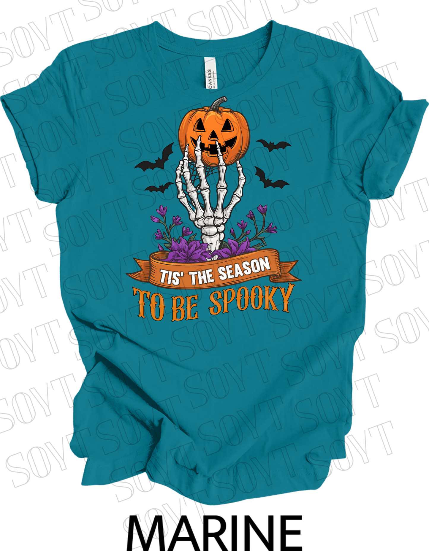 "Tis’ the Season to Be Spooky" Halloween T-Shirt – Skeleton Hand, Pumpkin & Floral Graphic Tee - Festive Apparel StoreMarine