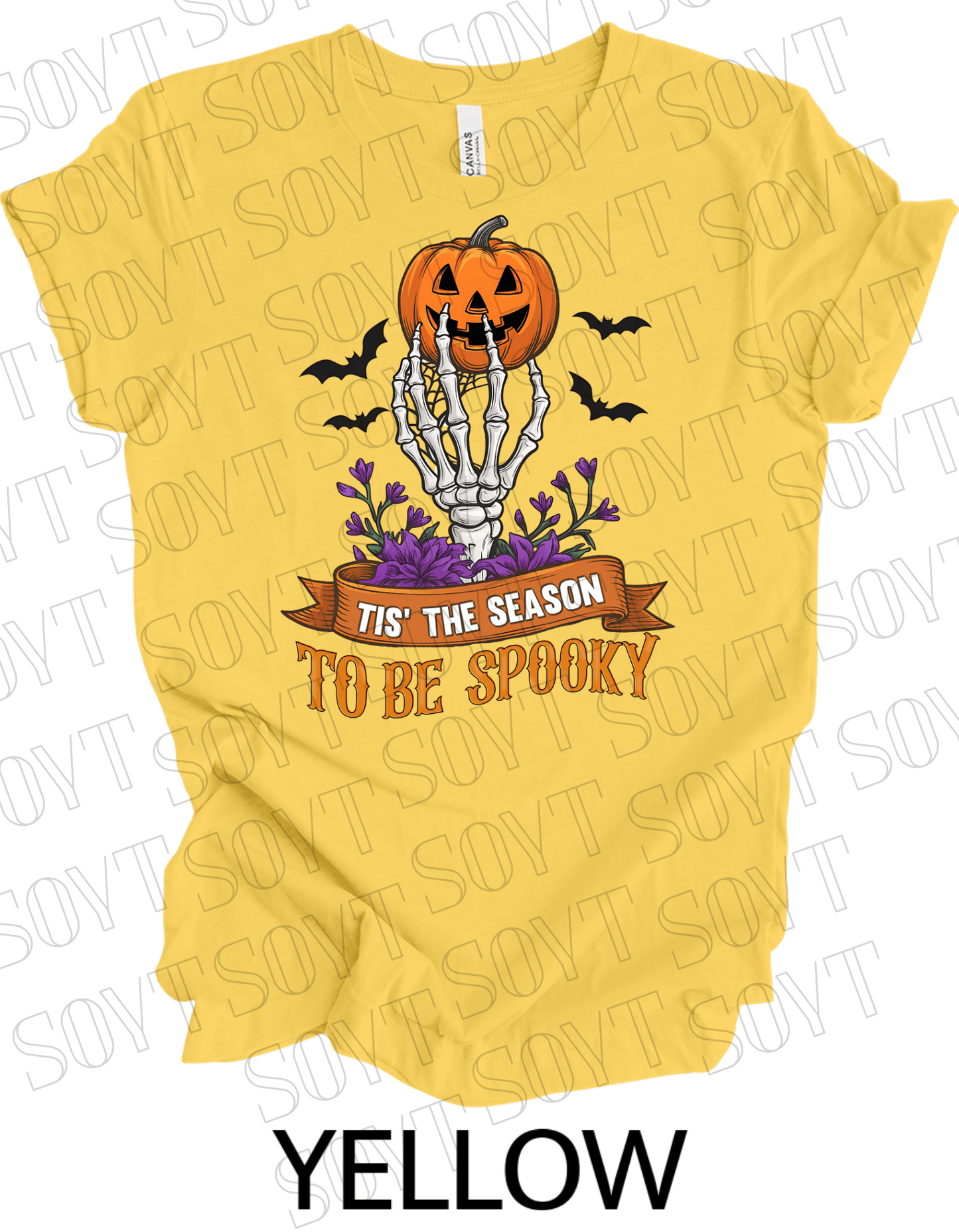 "Tis’ the Season to Be Spooky" Halloween T-Shirt – Skeleton Hand, Pumpkin & Floral Graphic Tee - Festive Apparel StoreYellow
