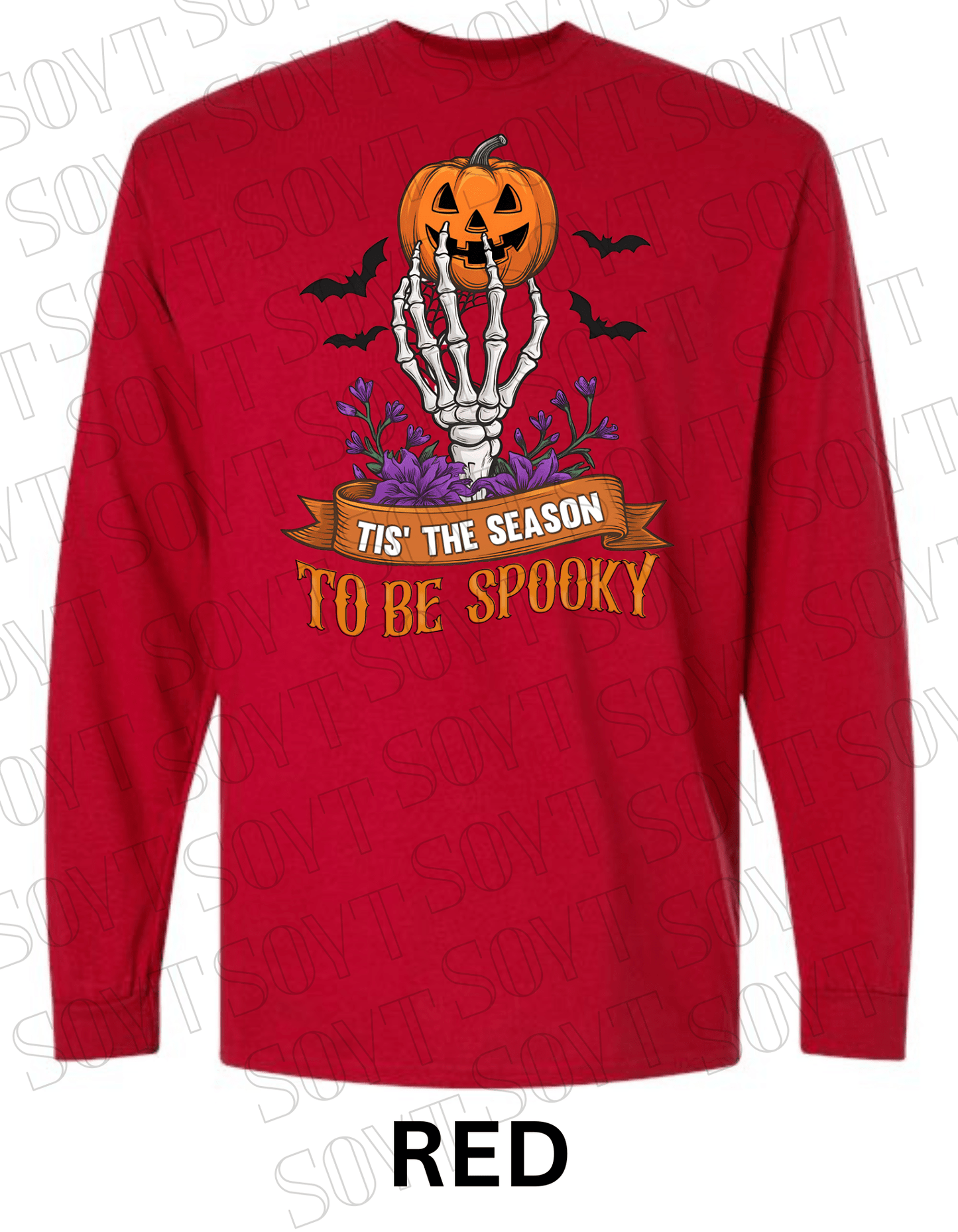 "Tis’ the Season to Be Spooky" Halloween T-Shirt – Skeleton Hand, Pumpkin & Floral Graphic Tee - Festive Apparel StoreRed