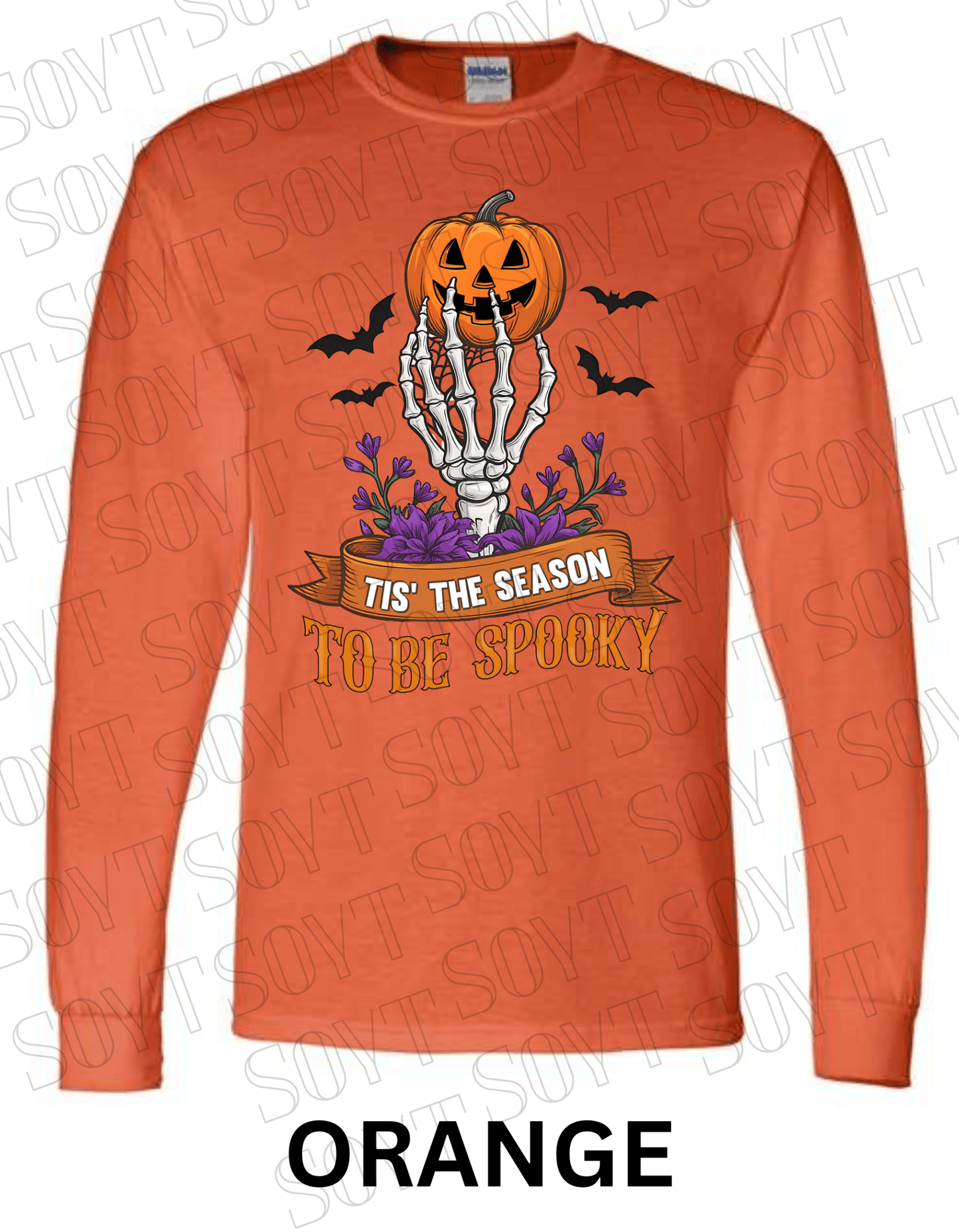 "Tis’ the Season to Be Spooky" Halloween T-Shirt – Skeleton Hand, Pumpkin & Floral Graphic Tee - Festive Apparel StoreOrange