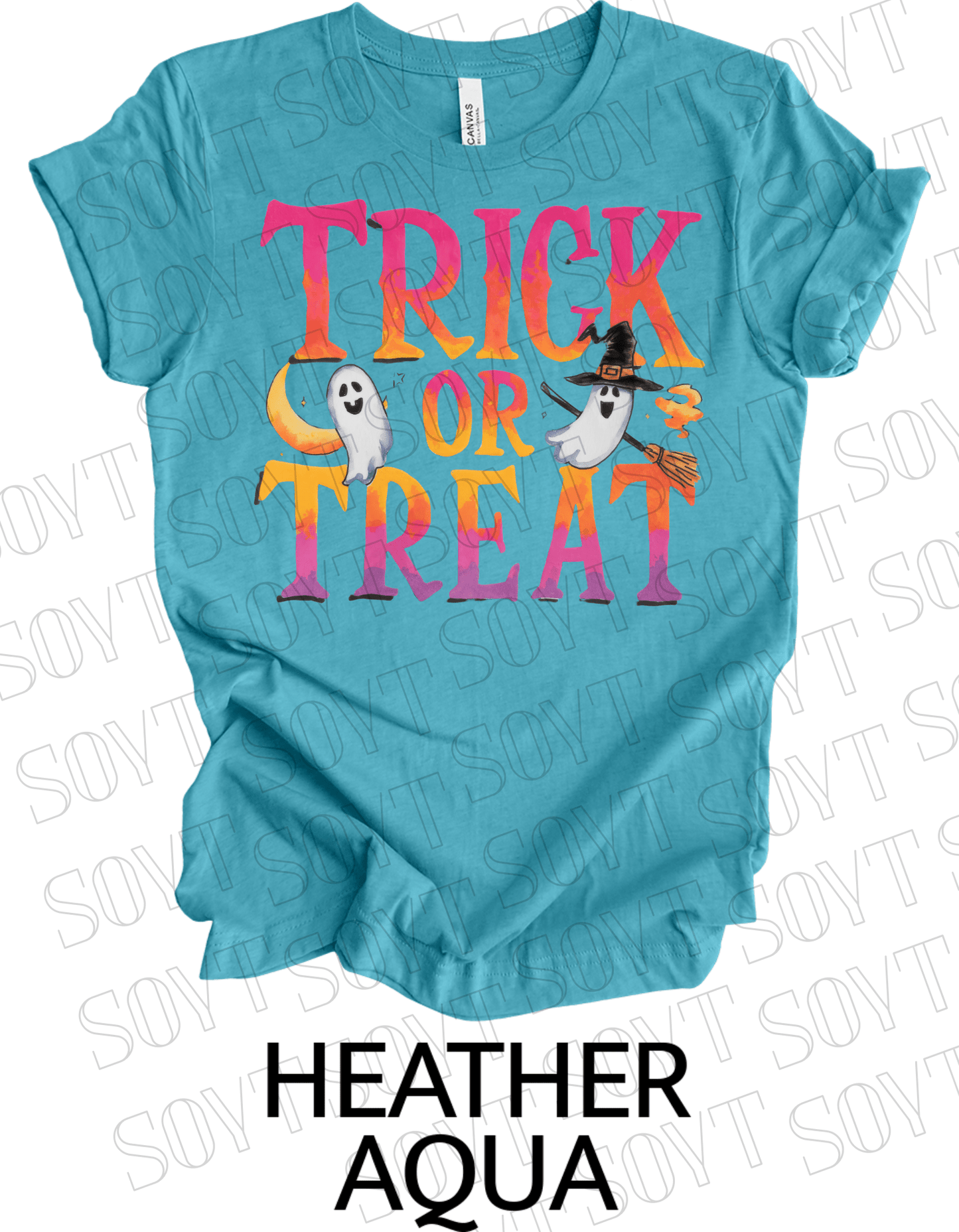 Trick or Treat Ghost T-Shirt – Cute Halloween Ghost with Candy Bag Graphic Tee - Festive Apparel StoreHeather Aqua