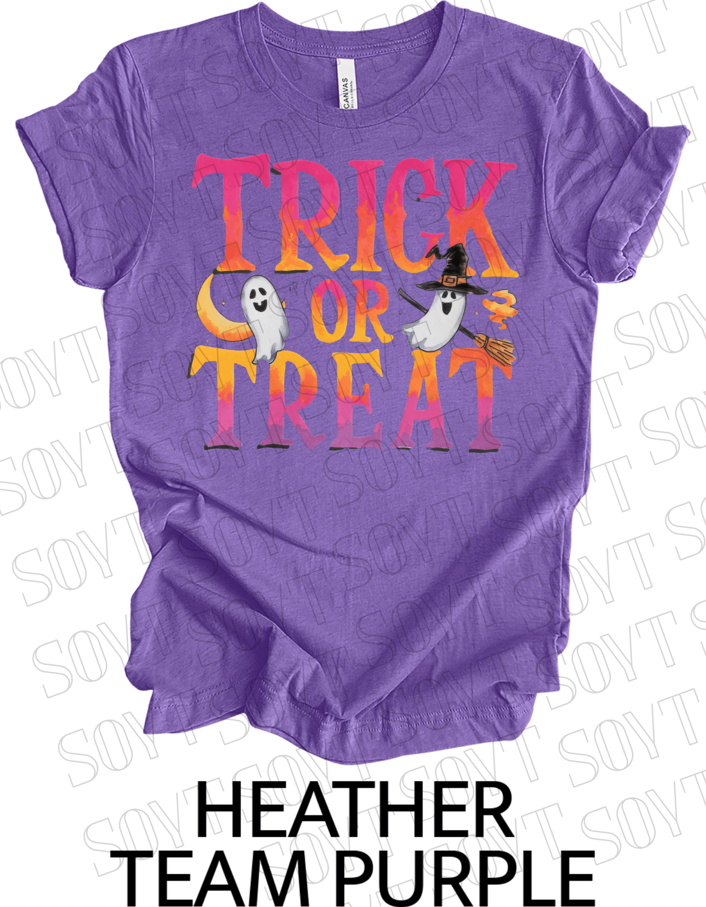 Trick or Treat Ghost T-Shirt – Cute Halloween Ghost with Candy Bag Graphic Tee - Festive Apparel StoreHeather Purple