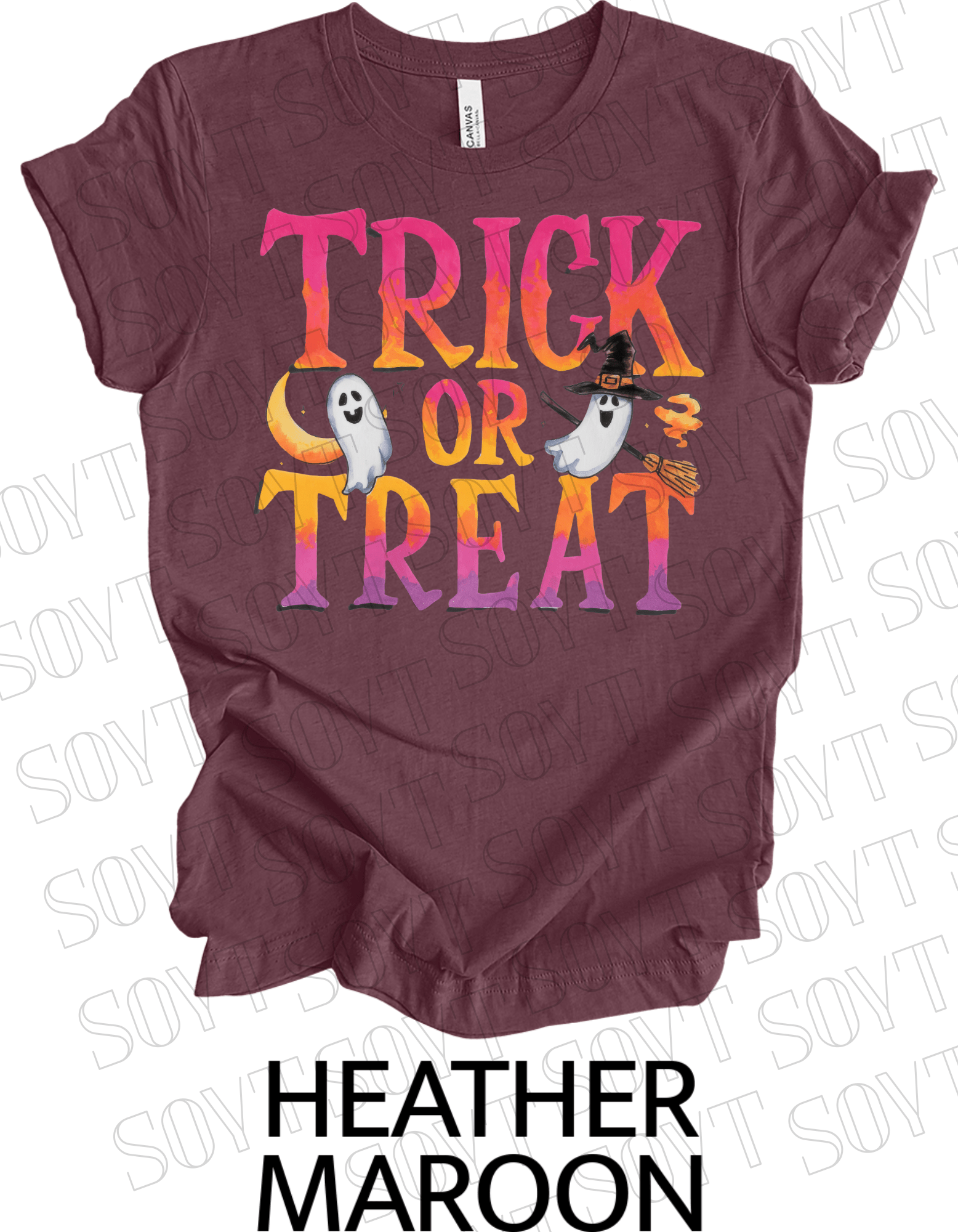 Trick or Treat Ghost T-Shirt – Cute Halloween Ghost with Candy Bag Graphic Tee - Festive Apparel StoreHeather Maroon