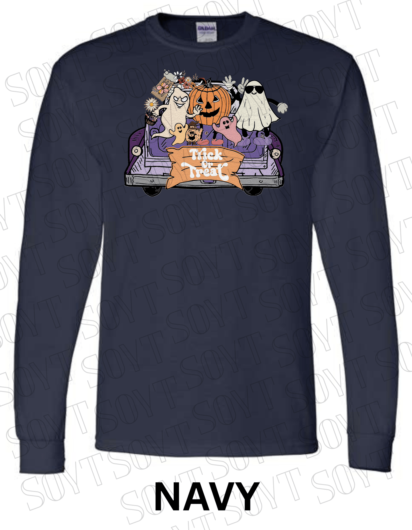 Trick or Treat Halloween Long Sleeve – Cute Ghosts, Pumpkin & Fall Truck Graphic Tee - Festive Apparel StoreNavy Blue