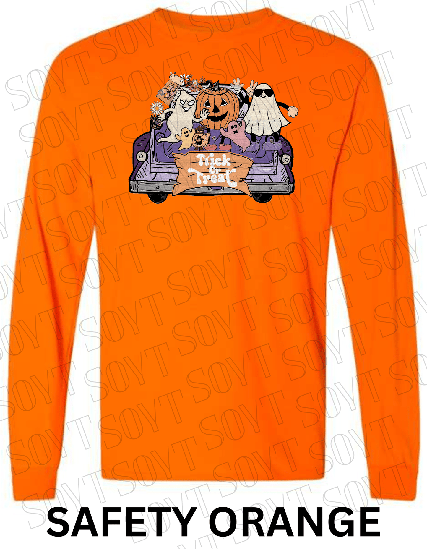 Trick or Treat Halloween Long Sleeve – Cute Ghosts, Pumpkin & Fall Truck Graphic Tee - Festive Apparel StoreSafety Orange