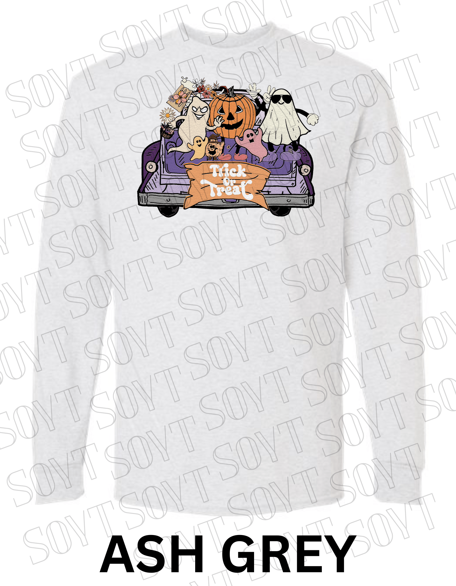 Trick or Treat Halloween Long Sleeve – Cute Ghosts, Pumpkin & Fall Truck Graphic Tee - Festive Apparel StoreAsh Gray