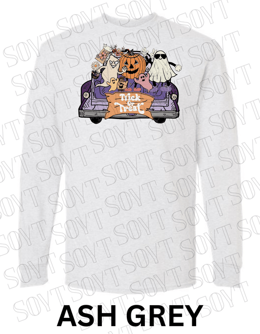 Trick or Treat Halloween Long Sleeve – Cute Ghosts, Pumpkin & Fall Truck Graphic Tee - Festive Apparel StoreAsh Gray