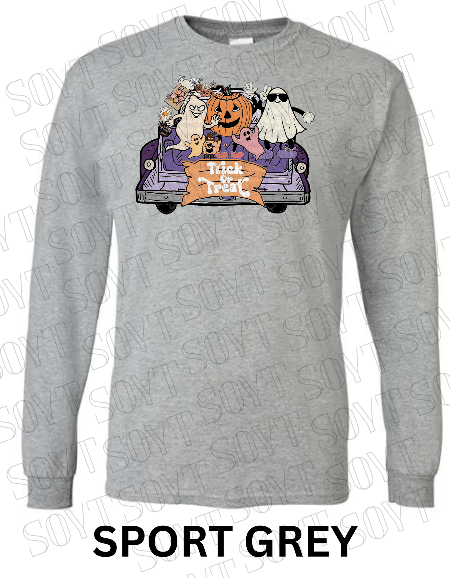 Trick or Treat Halloween Long Sleeve – Cute Ghosts, Pumpkin & Fall Truck Graphic Tee - Festive Apparel StoreSport Grey