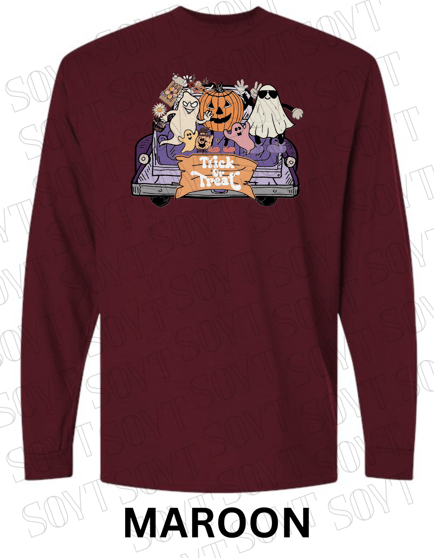 Trick or Treat Halloween Long Sleeve – Cute Ghosts, Pumpkin & Fall Truck Graphic Tee - Festive Apparel StoreMaroon