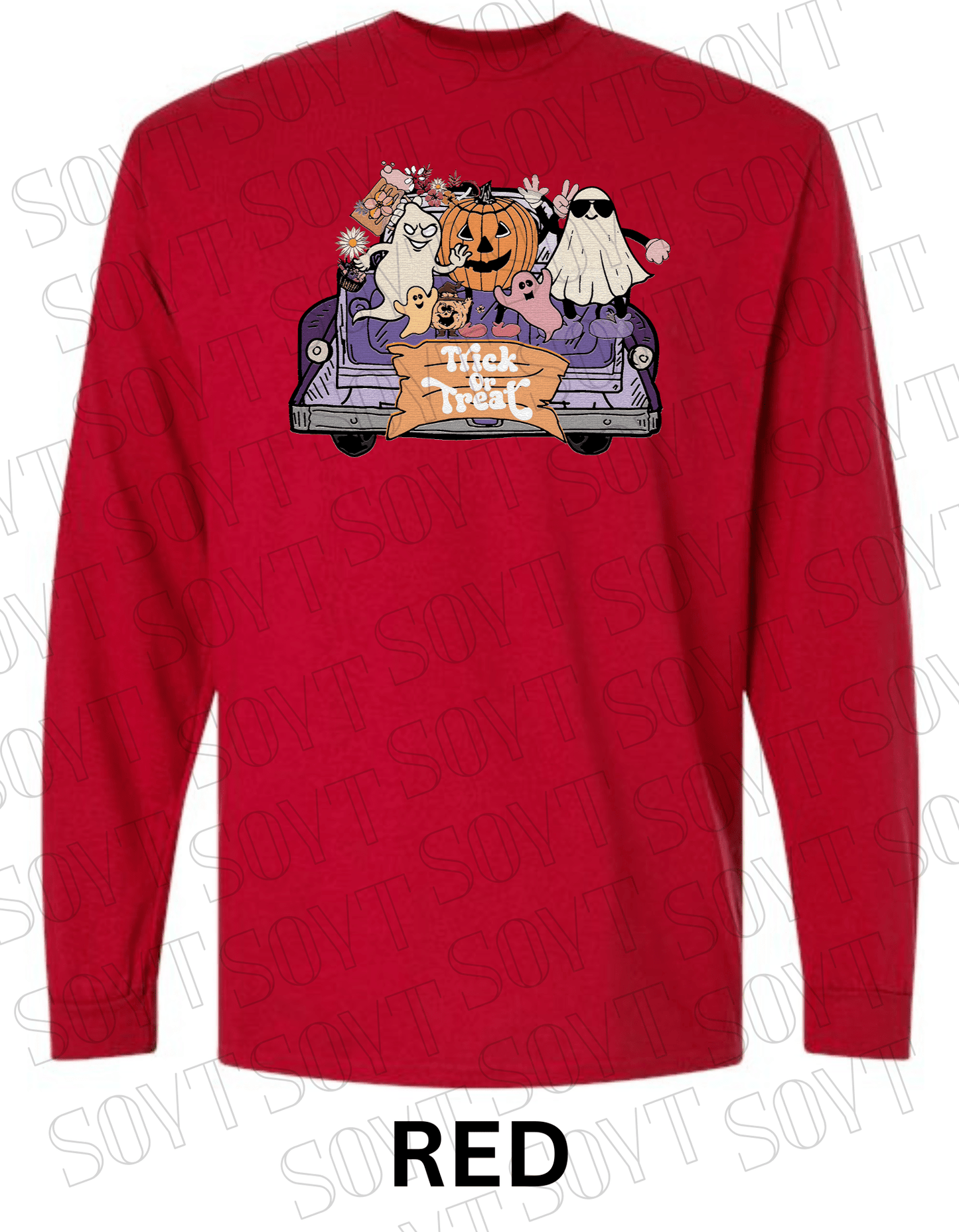 Trick or Treat Halloween Long Sleeve – Cute Ghosts, Pumpkin & Fall Truck Graphic Tee - Festive Apparel StoreRed