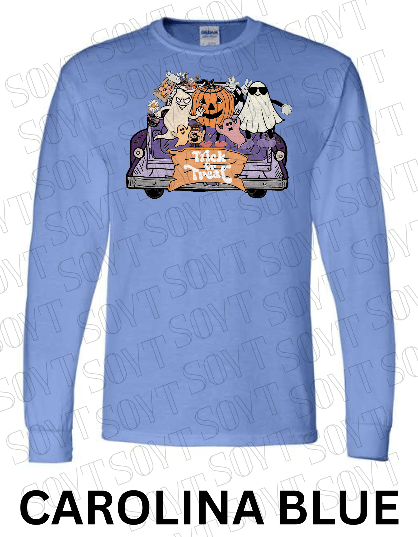 Trick or Treat Halloween Long Sleeve – Cute Ghosts, Pumpkin & Fall Truck Graphic Tee - Festive Apparel StoreCarolina Blue