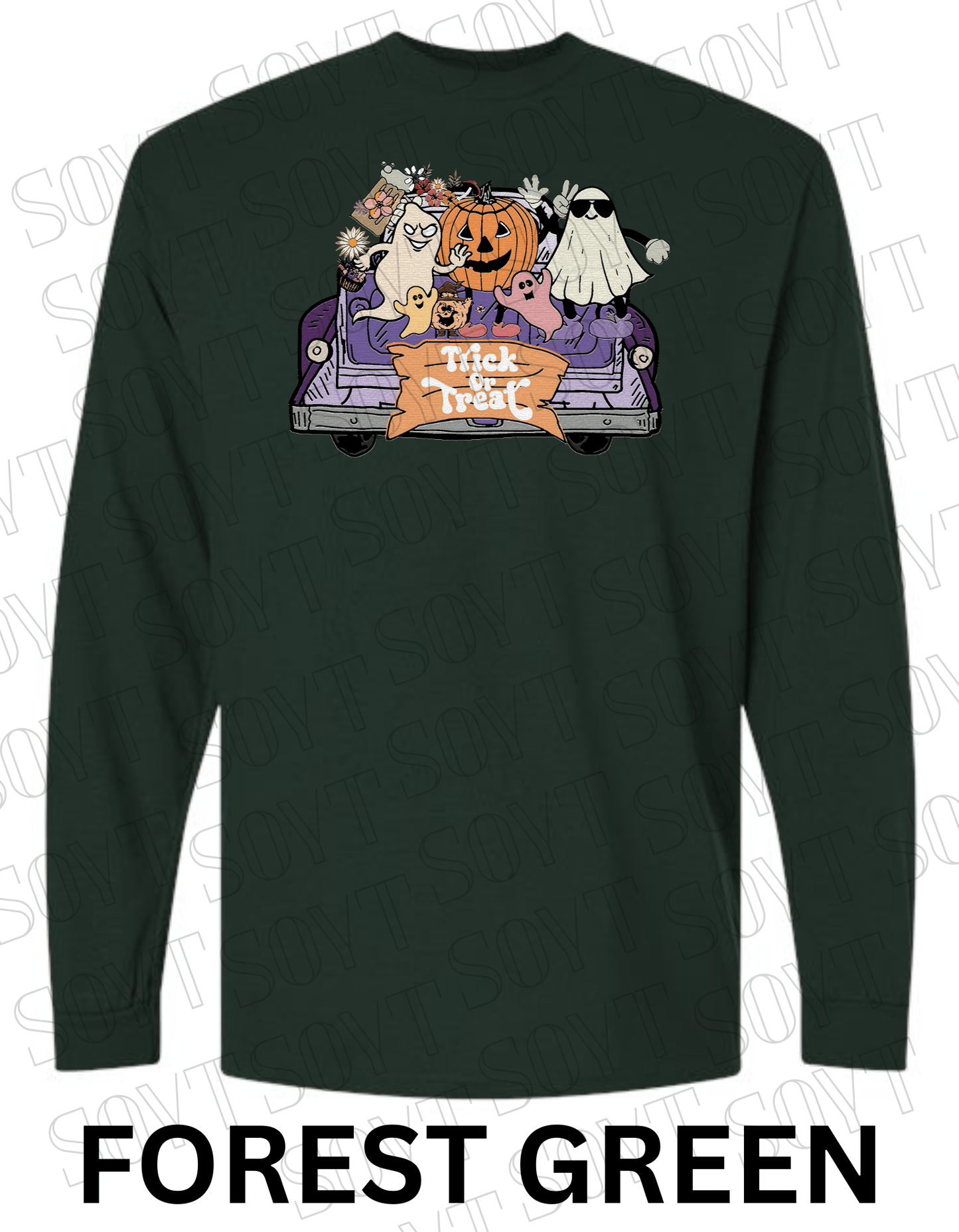 Trick or Treat Halloween Long Sleeve – Cute Ghosts, Pumpkin & Fall Truck Graphic Tee - Festive Apparel StoreForest Green