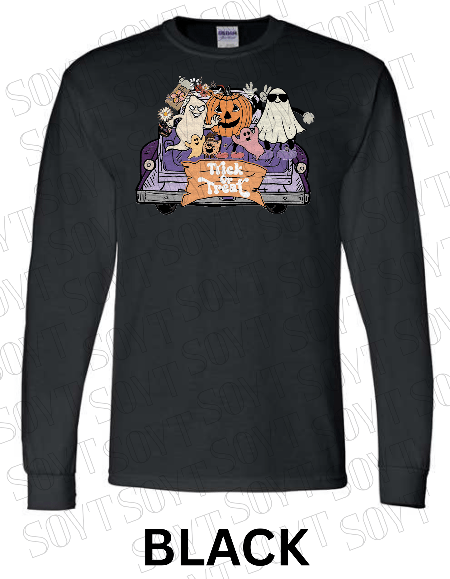 Trick or Treat Halloween Long Sleeve – Cute Ghosts, Pumpkin & Fall Truck Graphic Tee - Festive Apparel StoreBlack