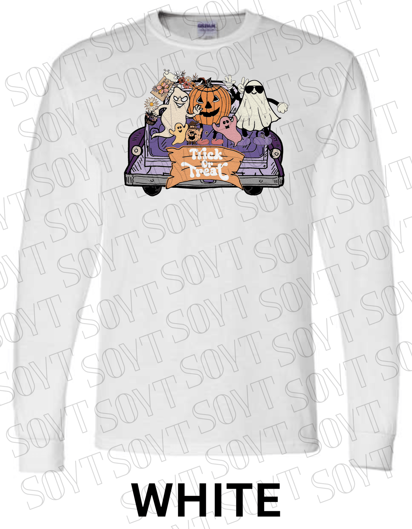 Trick or Treat Halloween Long Sleeve – Cute Ghosts, Pumpkin & Fall Truck Graphic Tee - Festive Apparel StoreWhite
