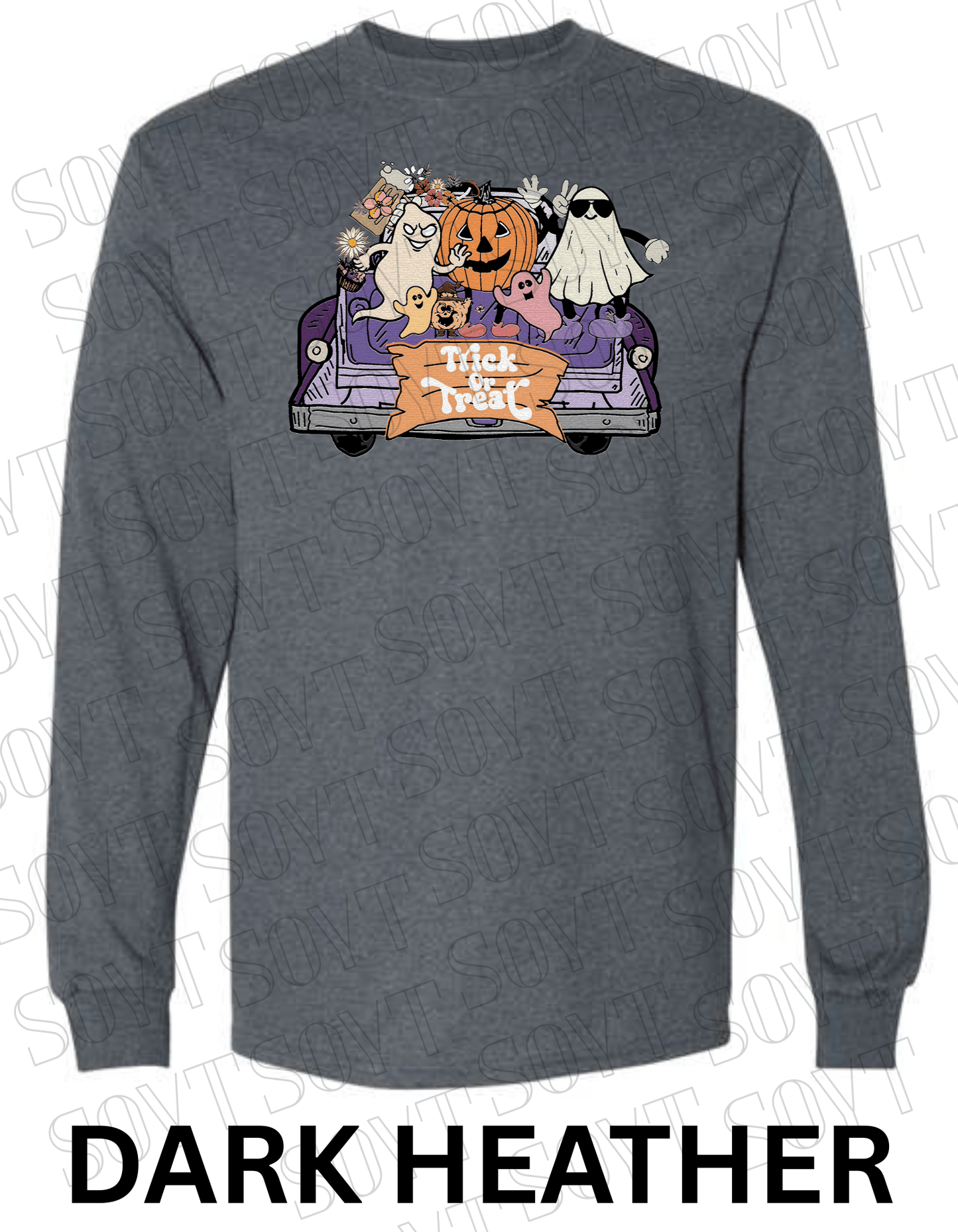 Trick or Treat Halloween Long Sleeve – Cute Ghosts, Pumpkin & Fall Truck Graphic Tee - Festive Apparel StoreDark Heather