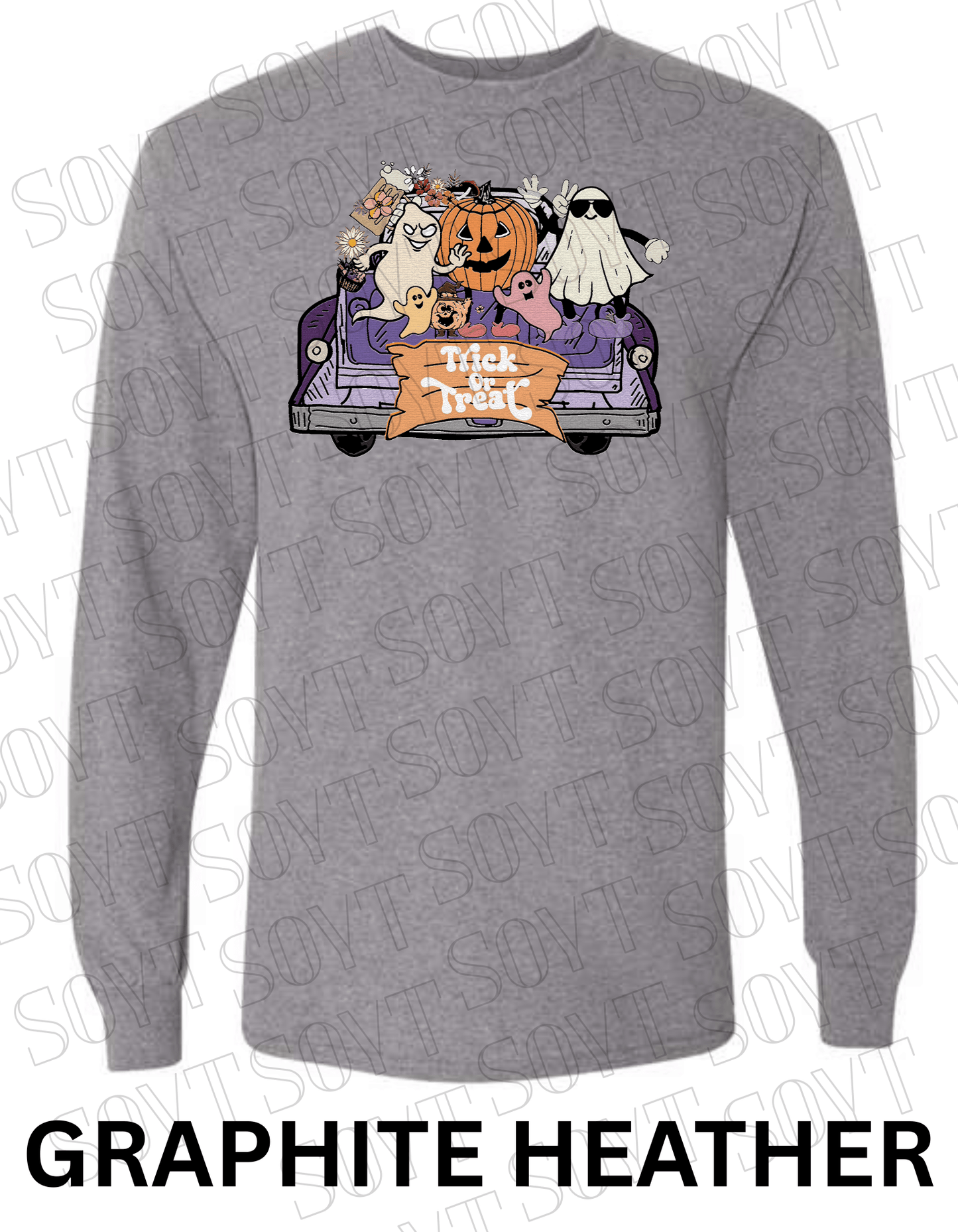 Trick or Treat Halloween Long Sleeve – Cute Ghosts, Pumpkin & Fall Truck Graphic Tee - Festive Apparel StoreGraphite Heather