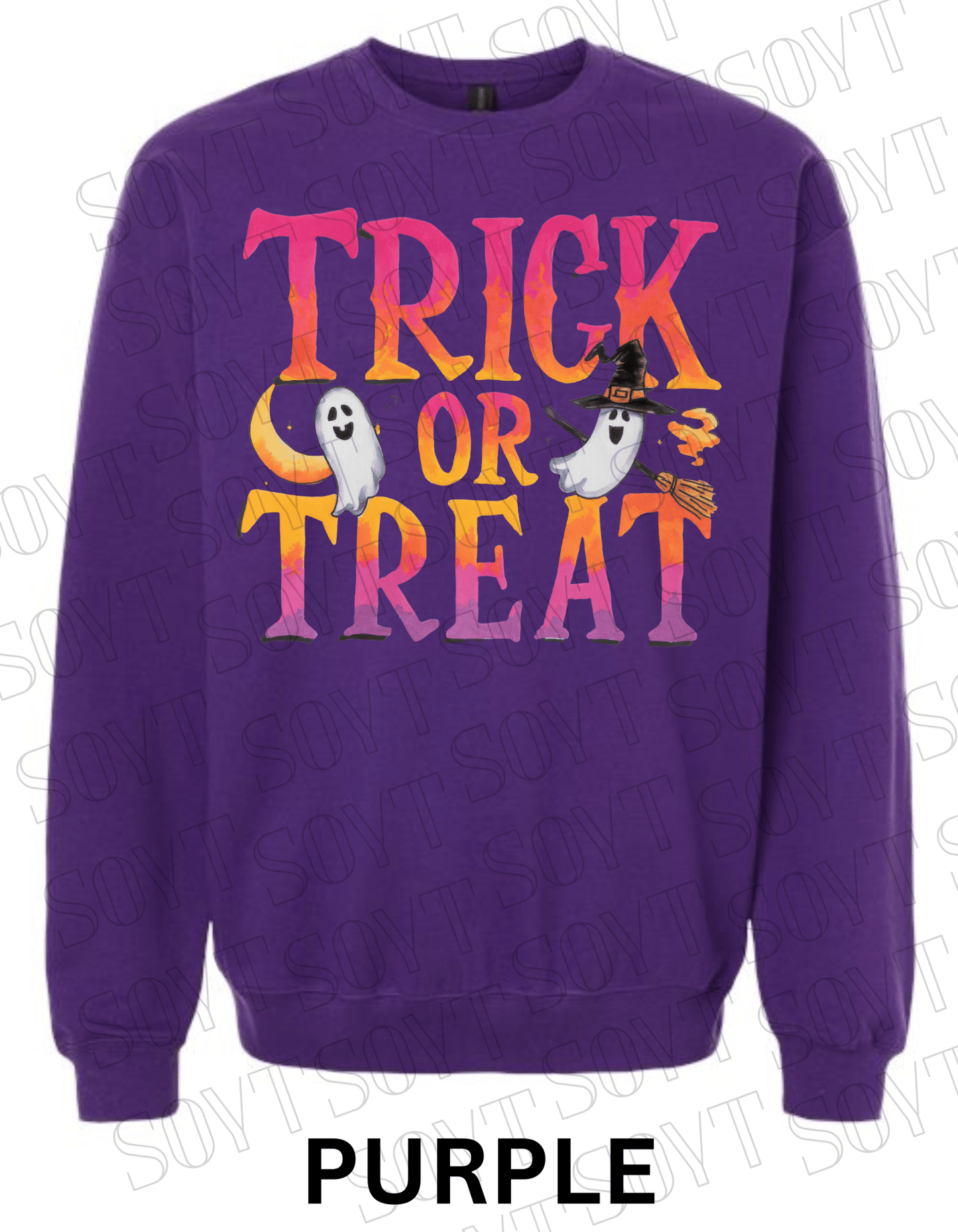 Trick or Treat Halloween Sweatshirt – Colorful Ghosts, Broom & Moon Lettering Fleece Pullover - Festive Apparel StorePurple