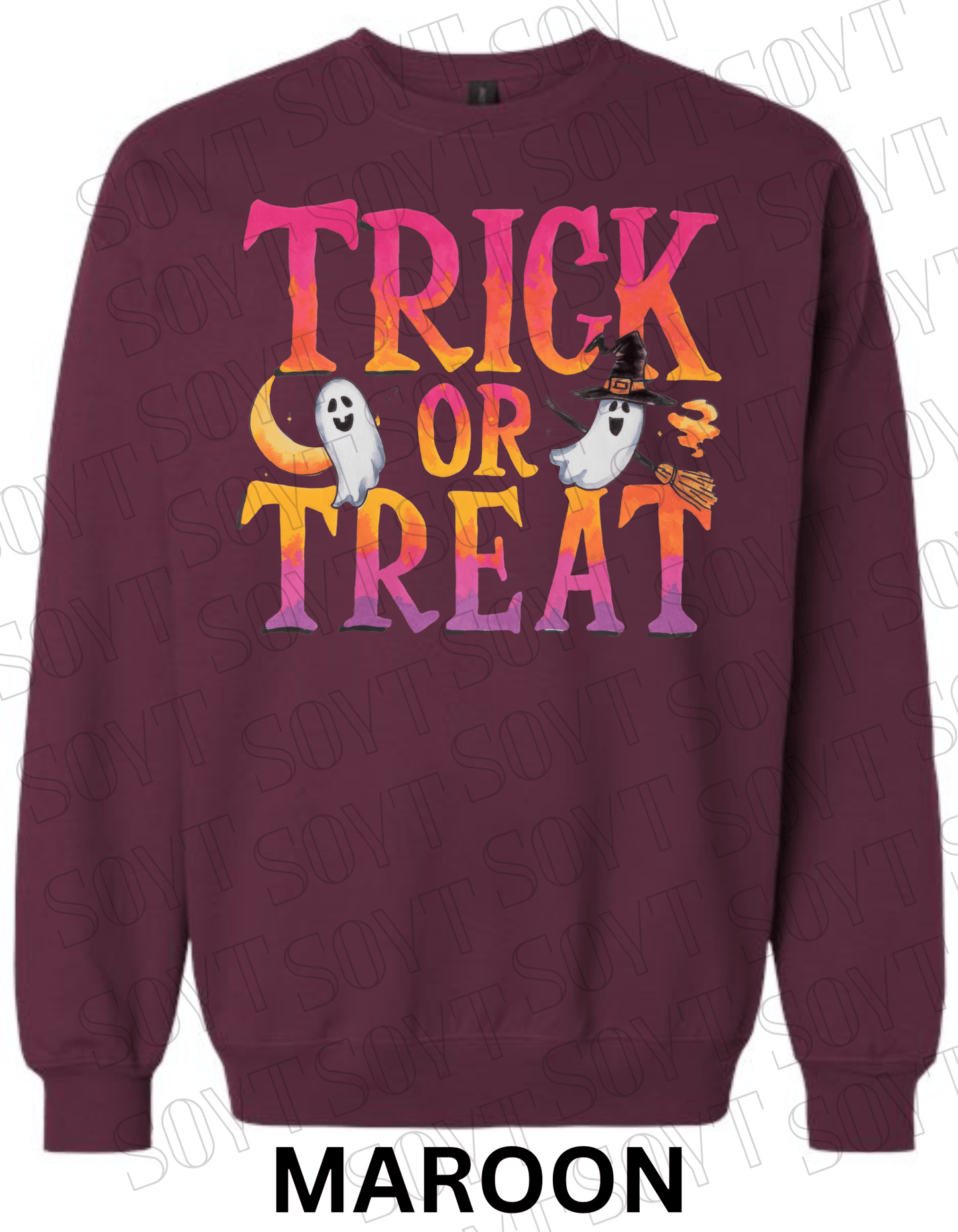 Trick or Treat Halloween Sweatshirt – Colorful Ghosts, Broom & Moon Lettering Fleece Pullover - Festive Apparel StoreMaroon