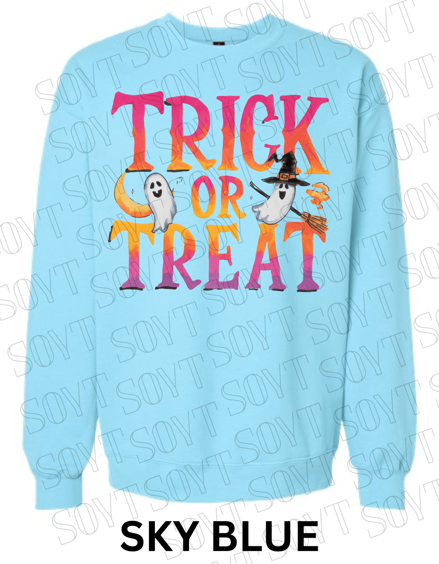 Trick or Treat Halloween Sweatshirt – Colorful Ghosts, Broom & Moon Lettering Fleece Pullover - Festive Apparel StoreSky Blue
