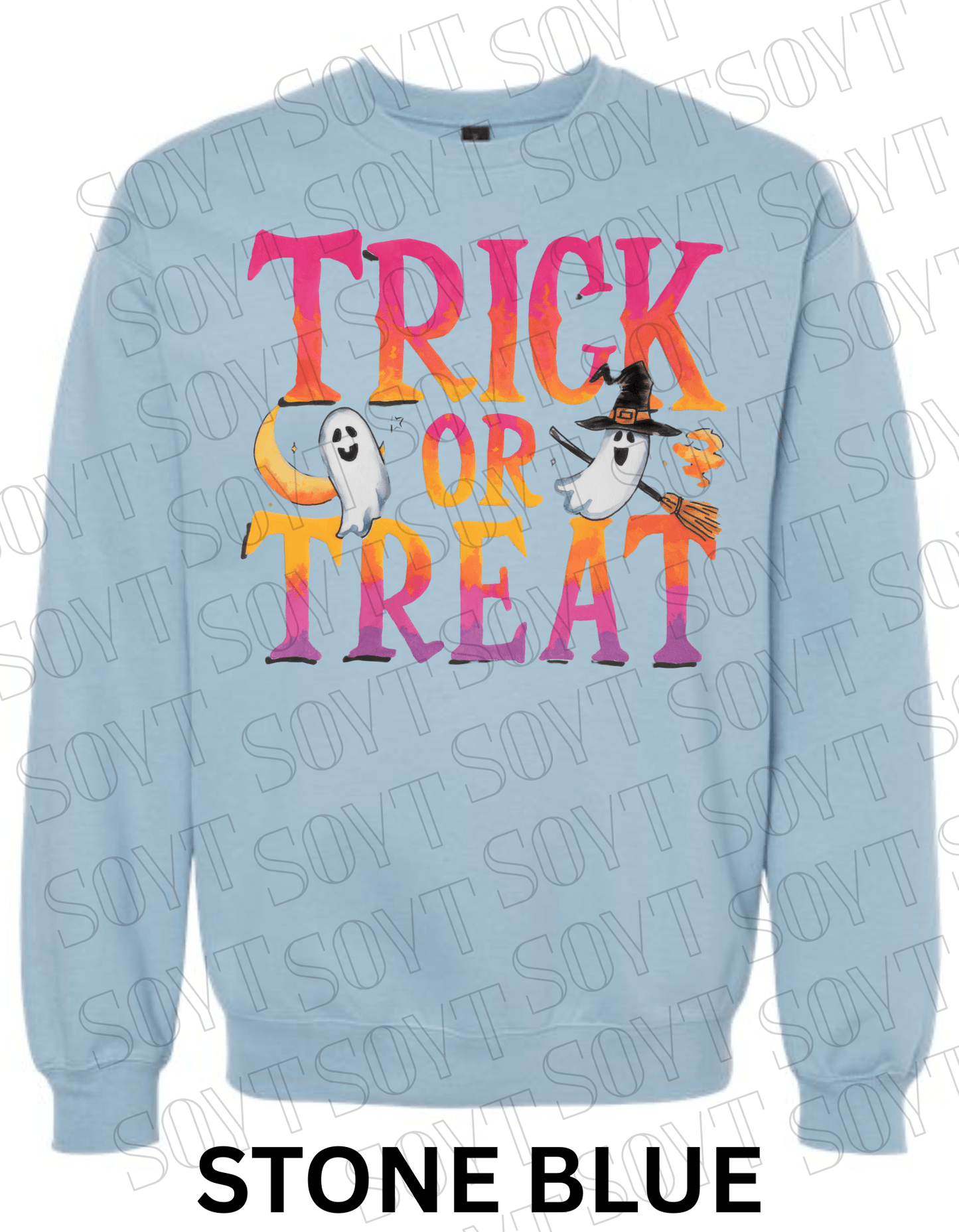 Trick or Treat Halloween Sweatshirt – Colorful Ghosts, Broom & Moon Lettering Fleece Pullover - Festive Apparel StoreStone Blue