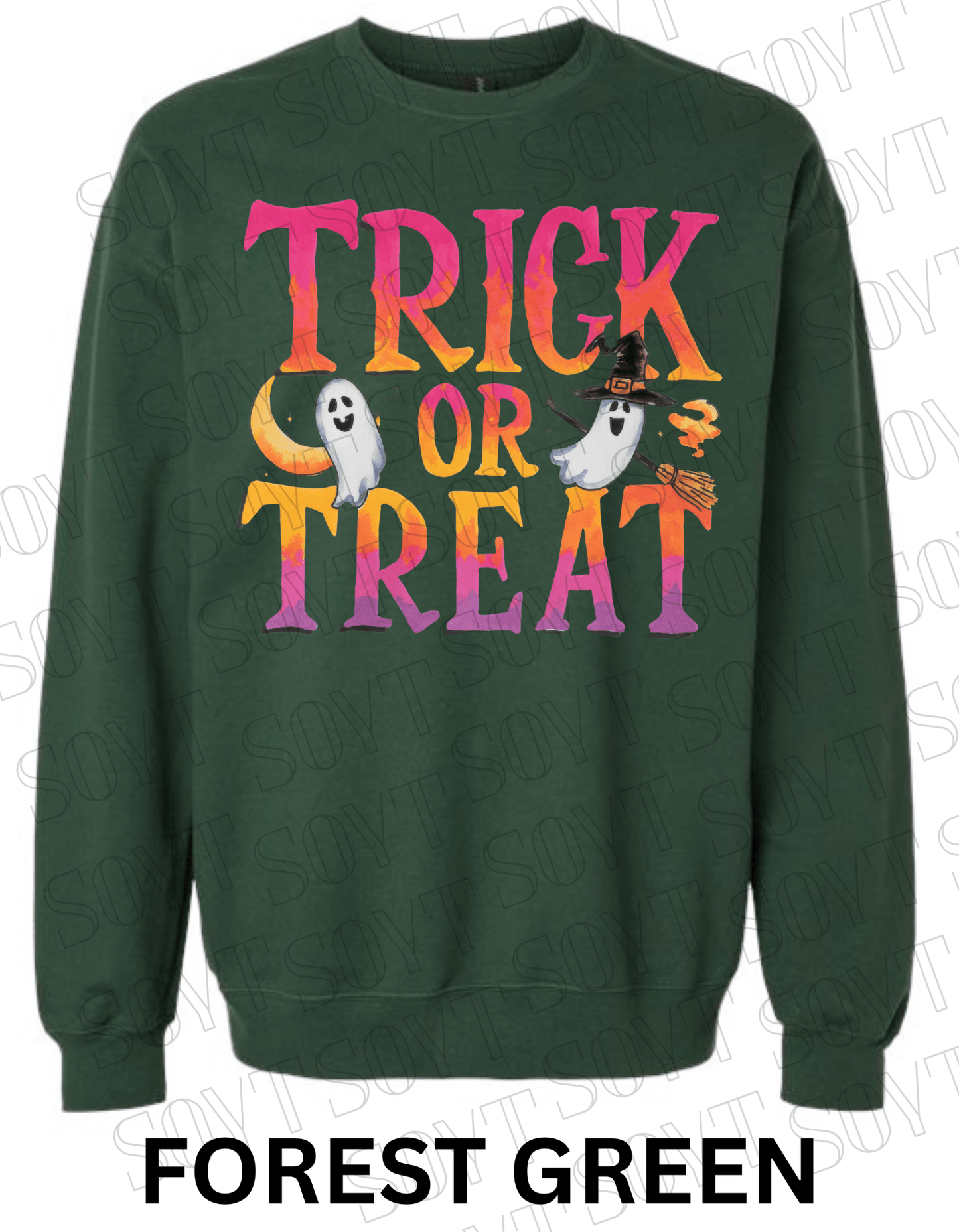 Trick or Treat Halloween Sweatshirt – Colorful Ghosts, Broom & Moon Lettering Fleece Pullover - Festive Apparel StoreForest Green