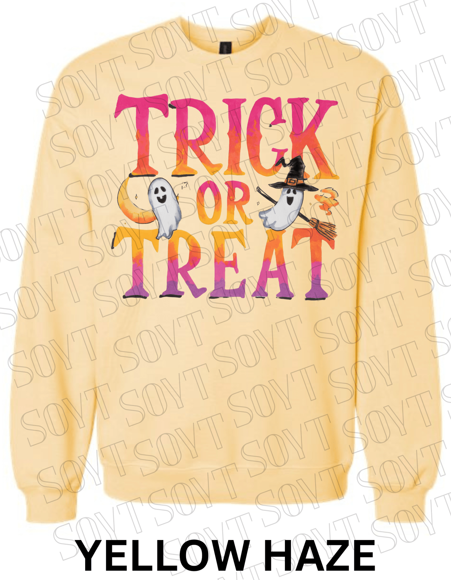 Trick or Treat Halloween Sweatshirt – Colorful Ghosts, Broom & Moon Lettering Fleece Pullover - Festive Apparel StoreYellow Haze