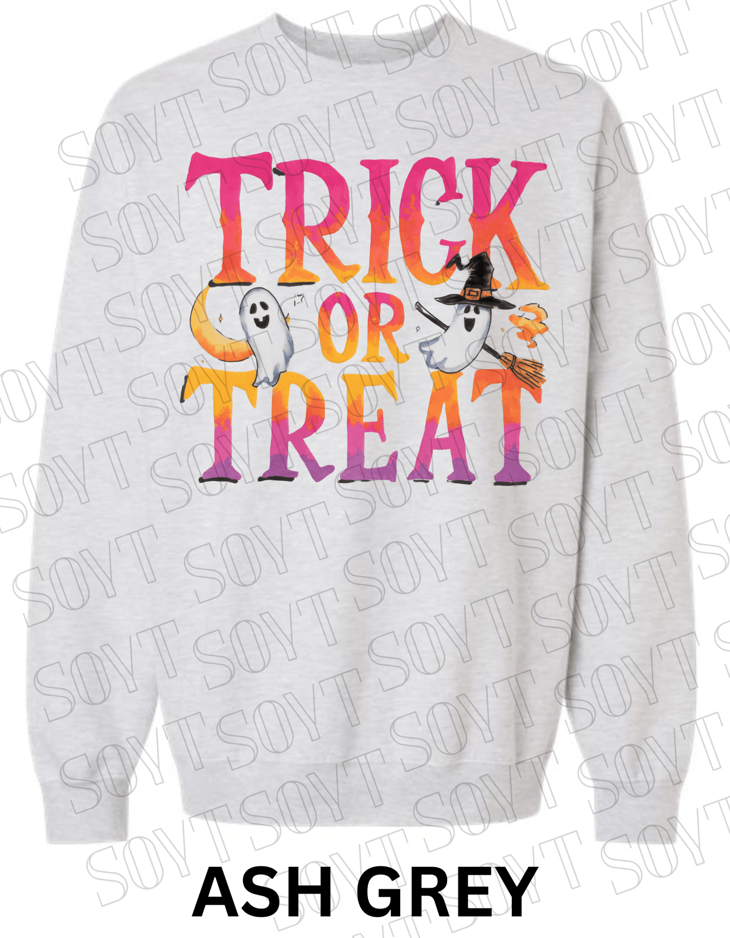 Trick or Treat Halloween Sweatshirt – Colorful Ghosts, Broom & Moon Lettering Fleece Pullover - Festive Apparel StoreAsh Grey