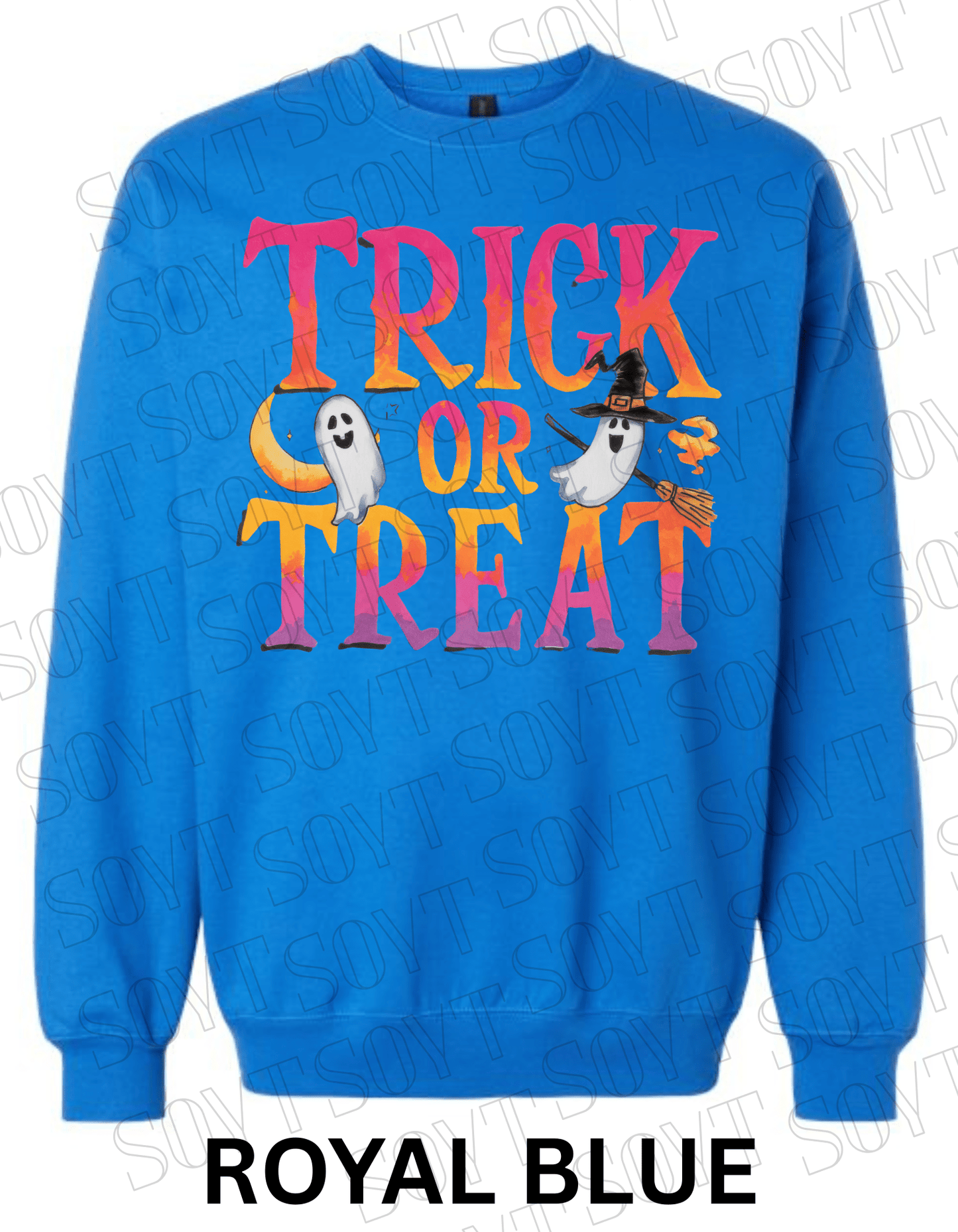 Trick or Treat Halloween Sweatshirt – Colorful Ghosts, Broom & Moon Lettering Fleece Pullover - Festive Apparel StoreRoyal Blue