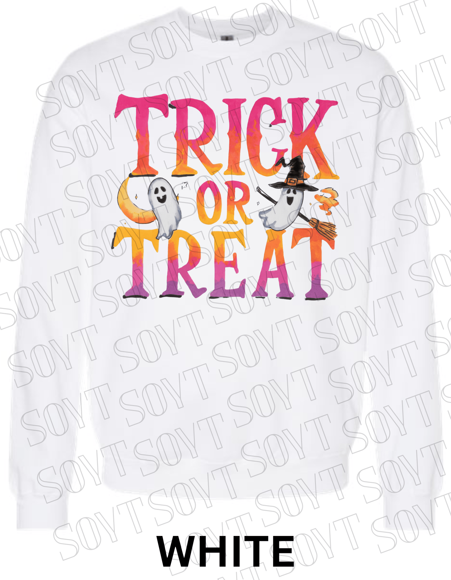 Trick or Treat Halloween Sweatshirt – Colorful Ghosts, Broom & Moon Lettering Fleece Pullover - Festive Apparel StoreWhite
