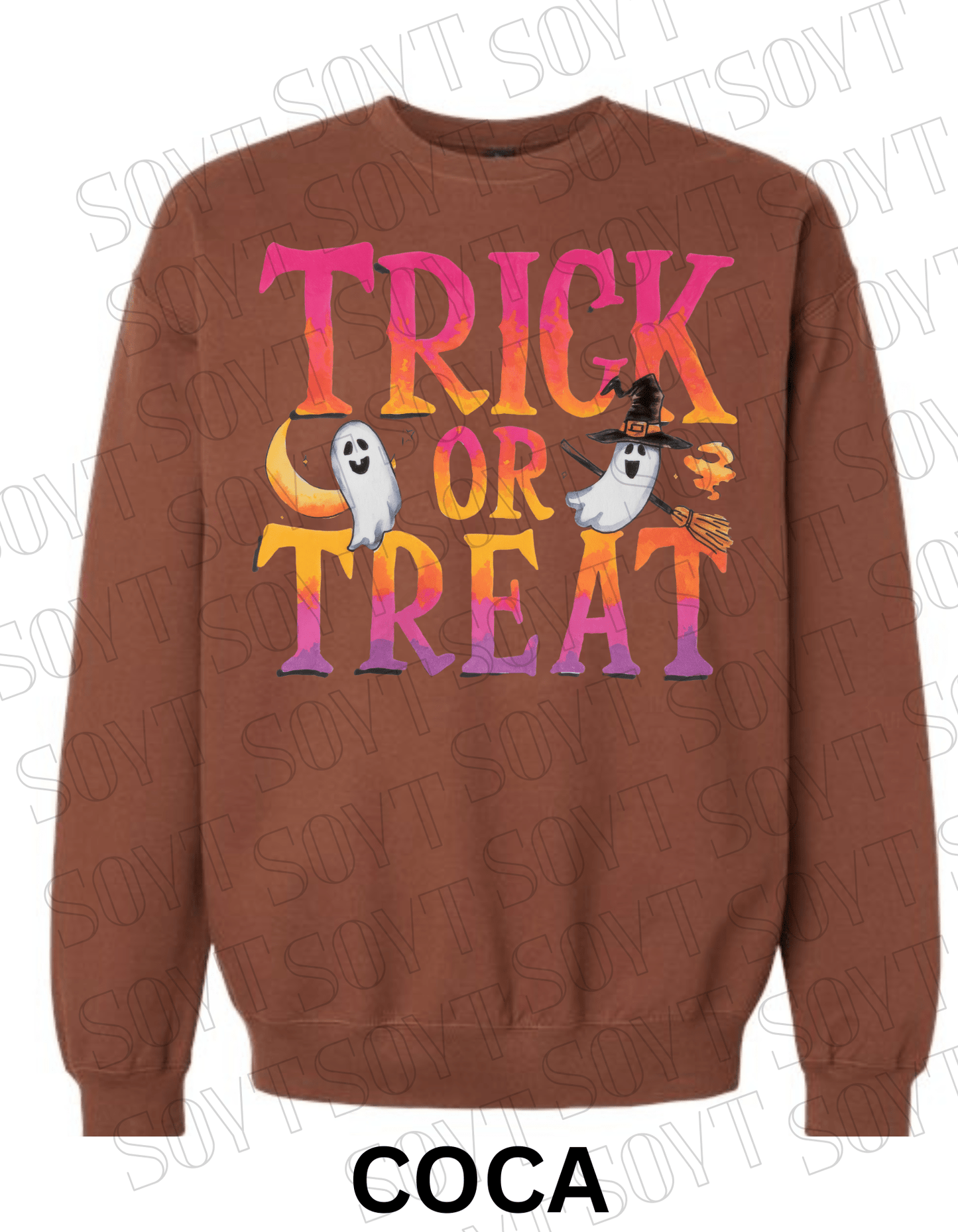 Trick or Treat Halloween Sweatshirt – Colorful Ghosts, Broom & Moon Lettering Fleece Pullover - Festive Apparel StoreCocoa Brown