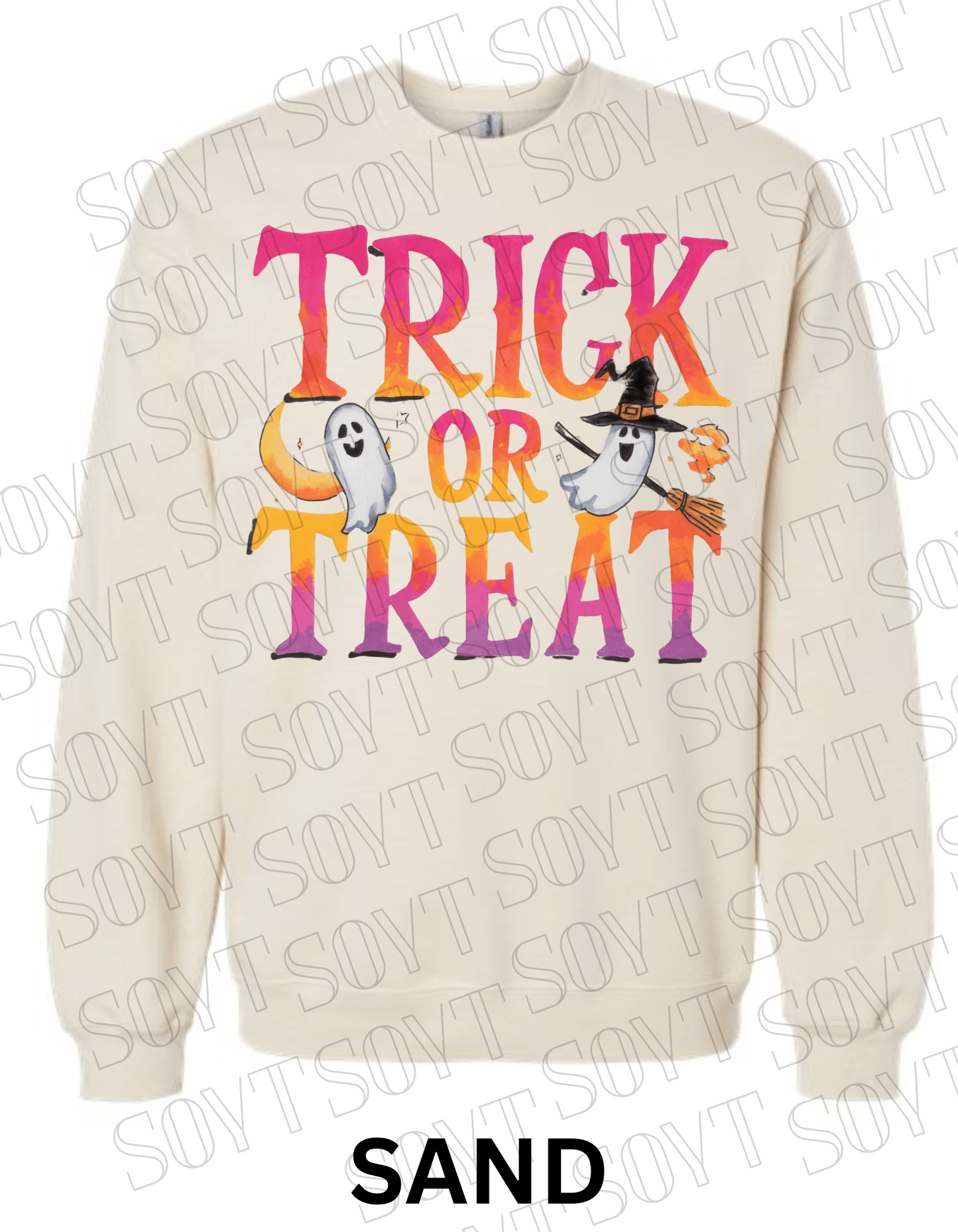 Trick or Treat Halloween Sweatshirt – Colorful Ghosts, Broom & Moon Lettering Fleece Pullover - Festive Apparel StoreSand